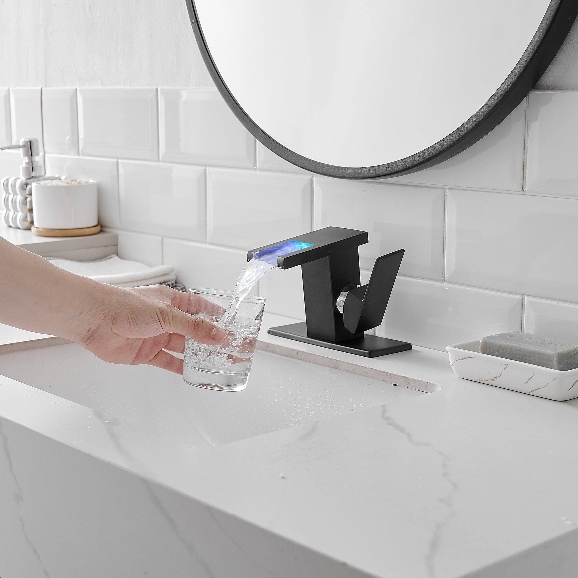 Alt View 4. Boyel Living - Single Handle Single Hole Bathroom Faucet Matte Black with Deck Plate LED Temperature Sensor Waterfall Spout - Matte Black.