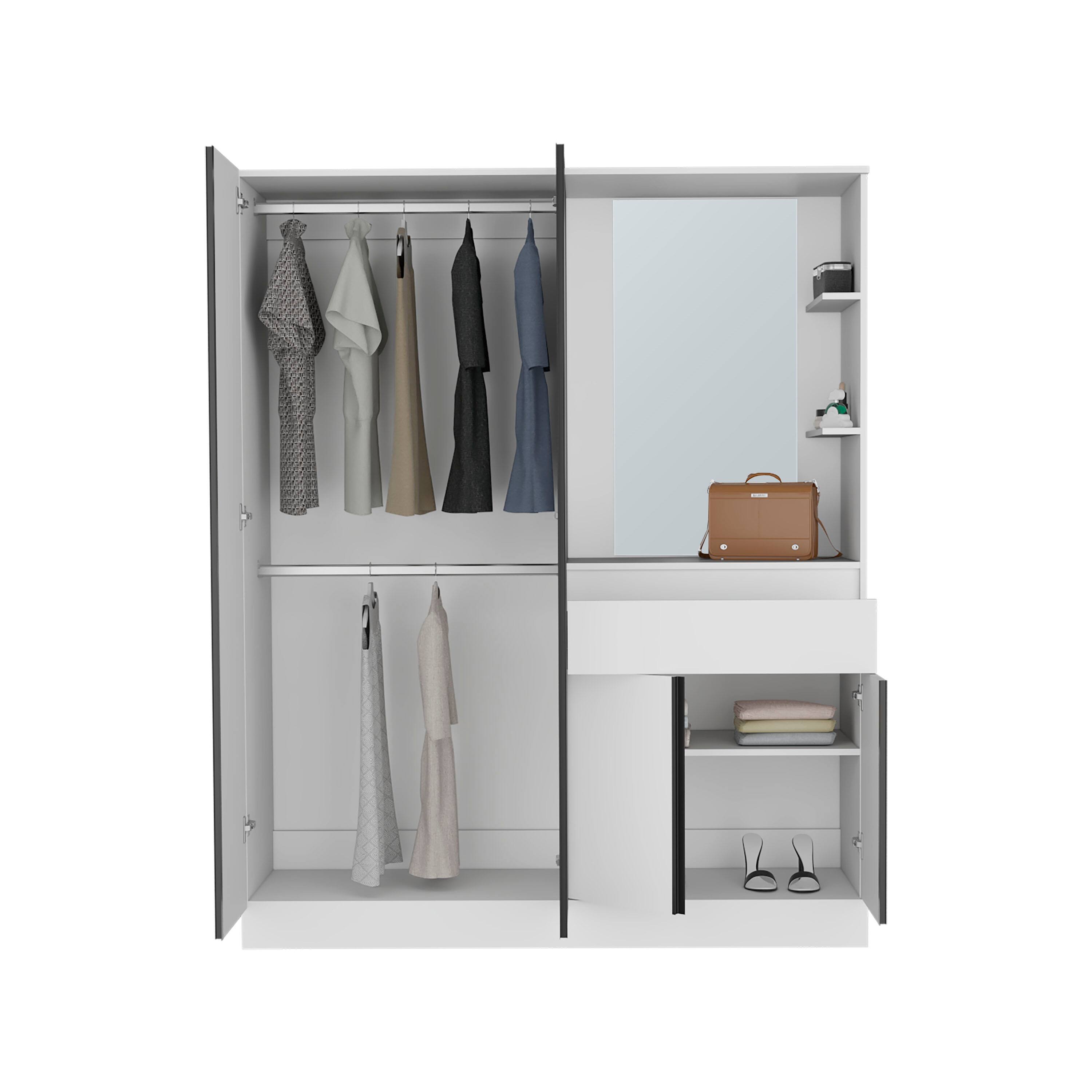 Angle. TuHome - Kamelot Armoire With Double Doors, Hanging Rod And Interior Shelves - White.