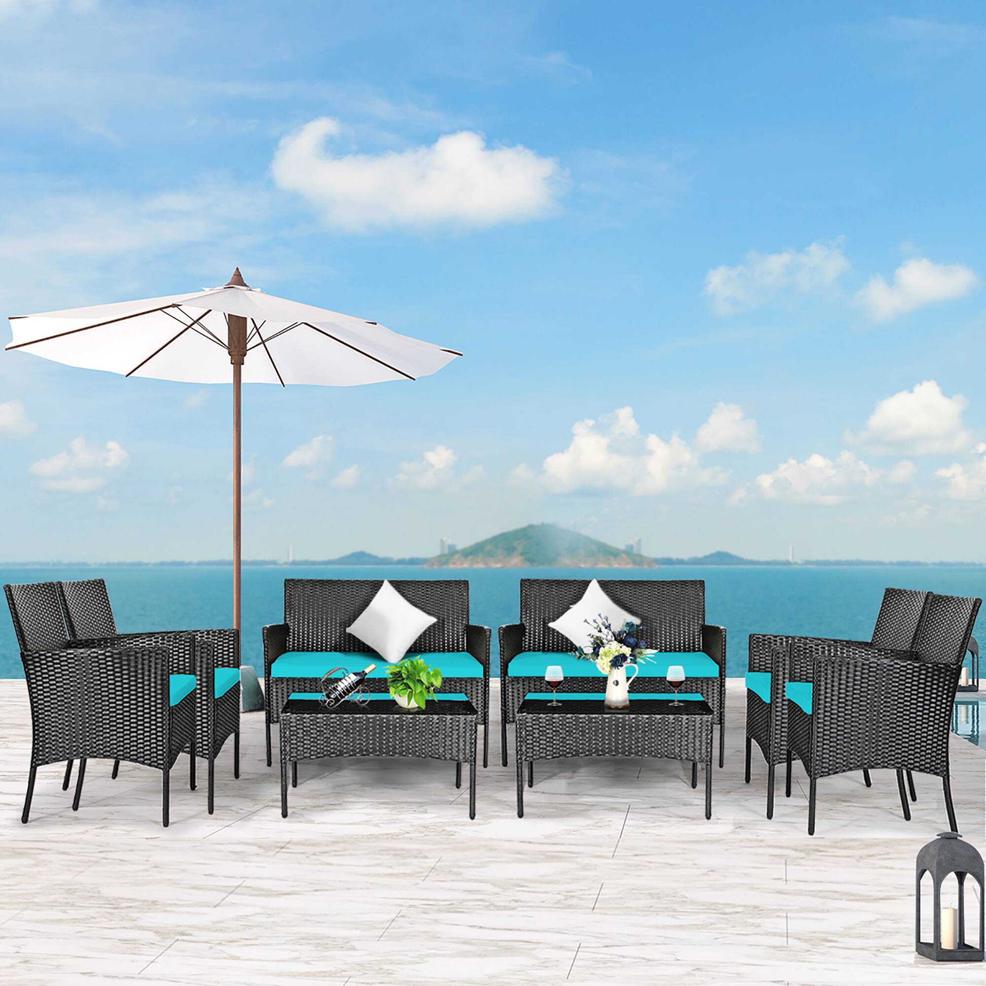 Alt View 1. Costway - Costway 8PCS Patio Rattan Furniture Set Cushioned Sofa Coffee Table Backyard - Multicolor.