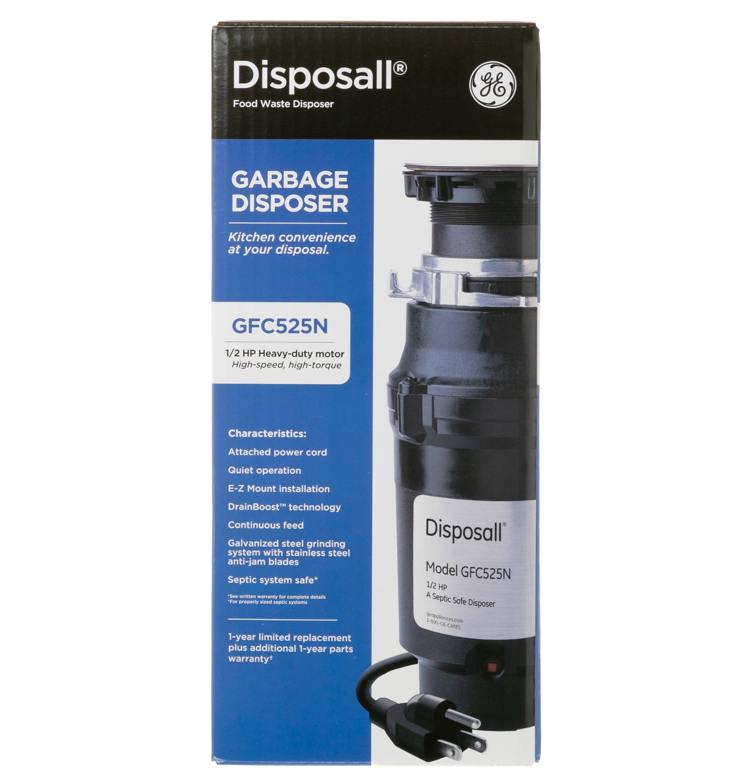 Disposall Food Waste Disposer GFC525N 1/2 HP Heavy-duty motor High-speed, high-torque Characteristics: Attached power cord Quiet operation E-Z Mount installation DrainBoost technology Continuous feed Galvanized steel grinding system with stainless steel anti-jam blades Septic system safe.