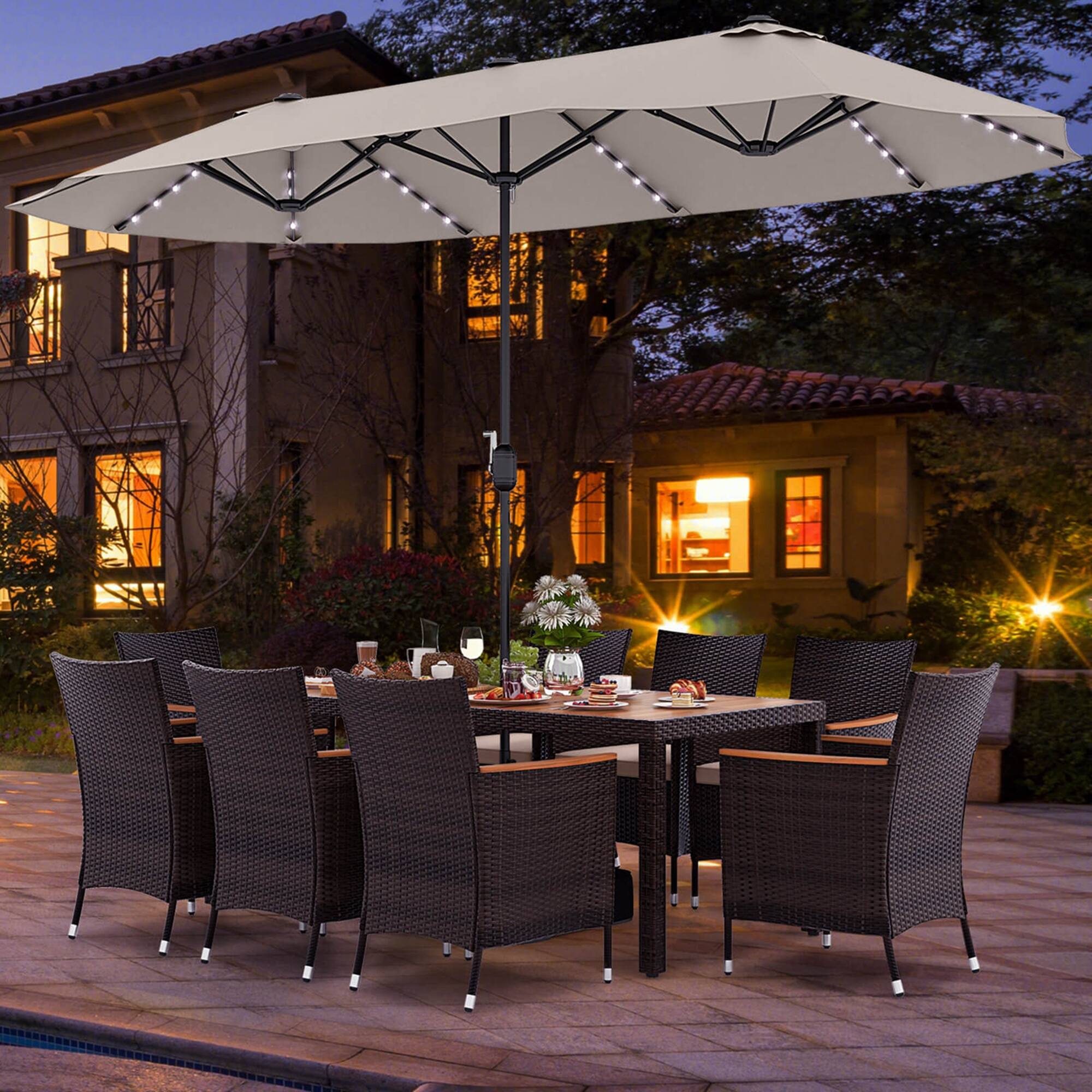 Alt View 4. Costway - 11 PCS Patio Dining Set with 15ft Double-Sided Patio Umbrella (Base Included) - Mix Brown + Beige.