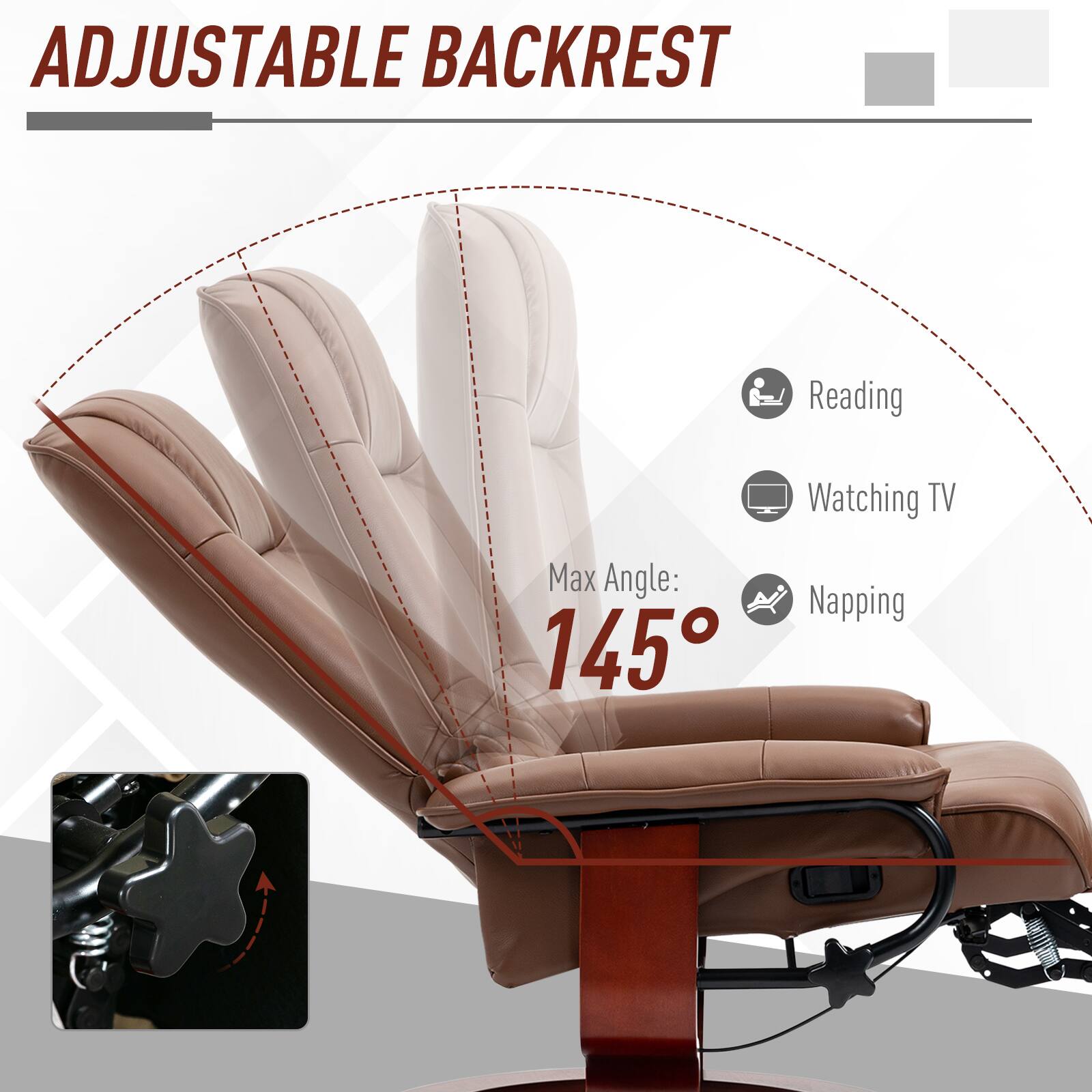 ADJUSTABLE BACKREST

Reading  
Watching TV  
Napping  

Max Angle: 145°