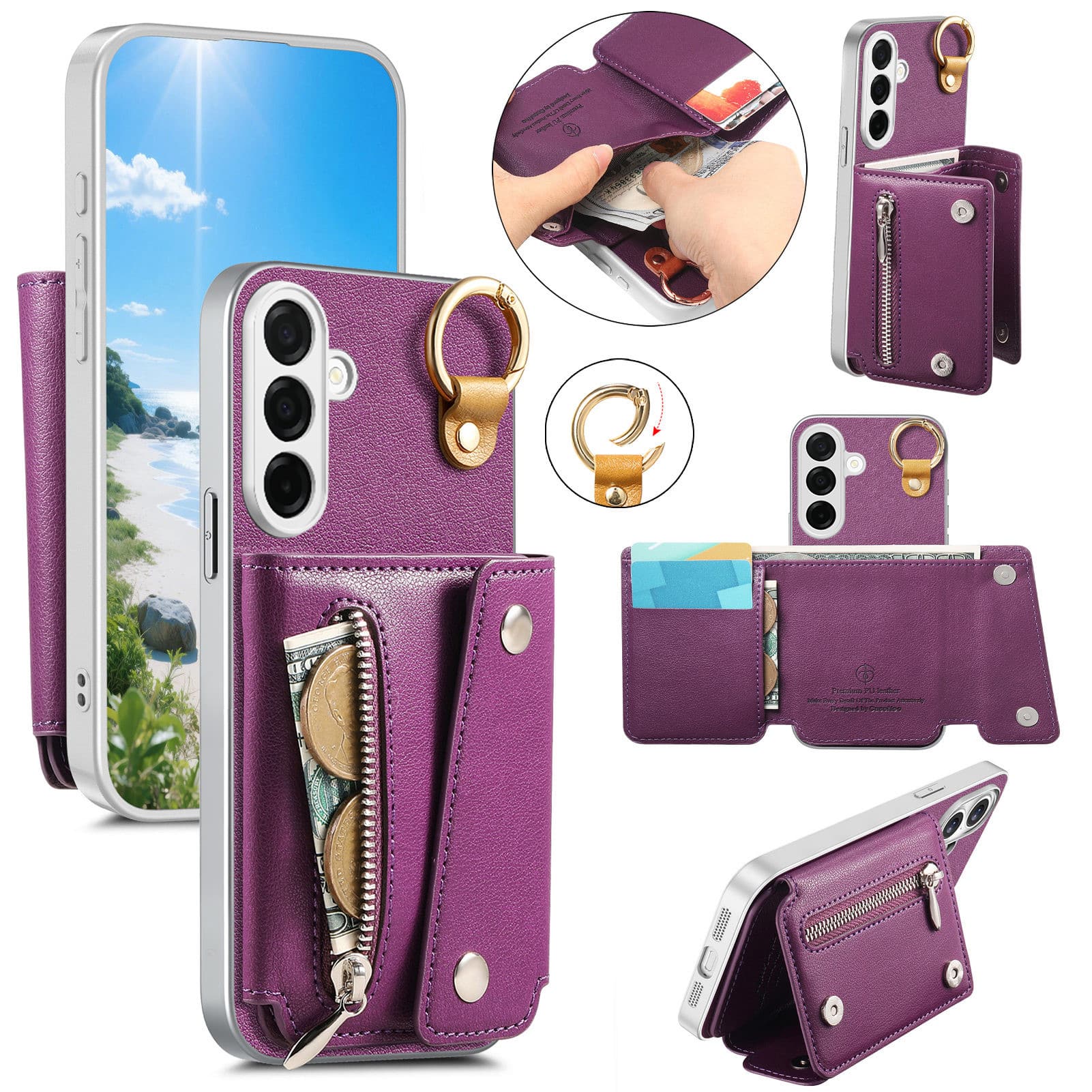 Dteck - PU Leather Zipper Wallet Phone Case for Samsung Galaxy A17 5G with Ring Buckle, Shockproof Kickstand Protective Cover - Purple price history on PriceWatchPro