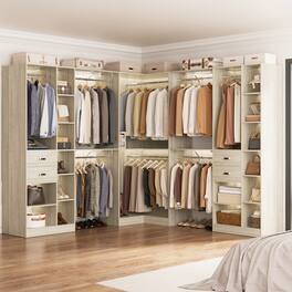 Aheaplus - 126'' L Shaped Closet System with 4 Drawers, 8 Hanging Rods and Adjustable Shelves, Reversible, Set of 3 - Beige Oak