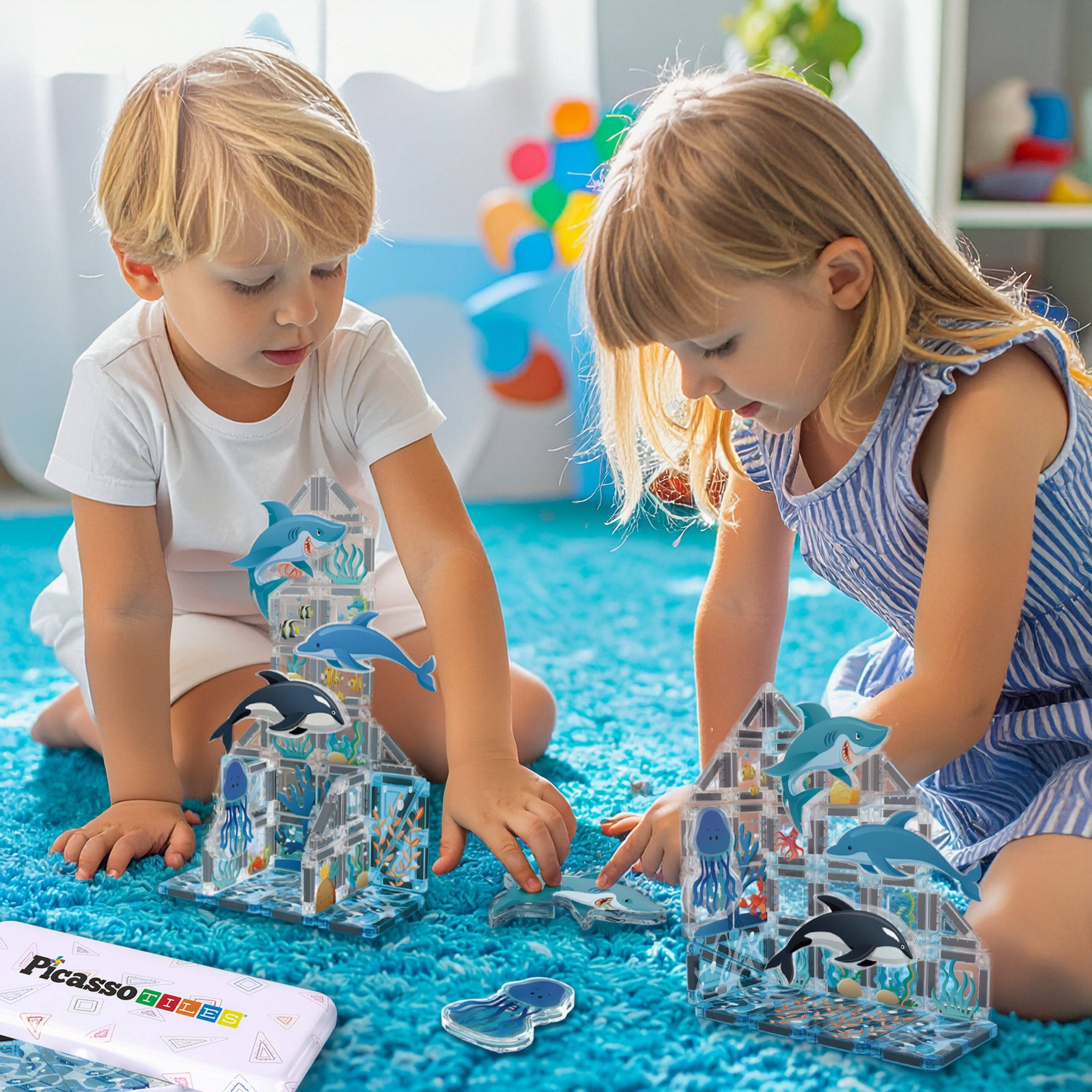 Alt View 1. PicassoTiles - Magnetic Tiles for Kids, 40pc Aquarium Marine Animal with Storage Case, STEM Mini Nano Building Blocks Toy for Kids.