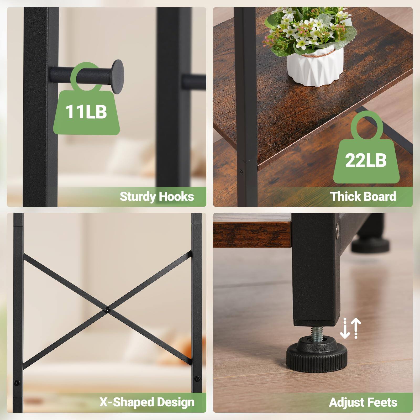 11LB  
Sturdy Hooks  

22LB  
Thick Board  

X-Shaped Design  

Adjust Feet