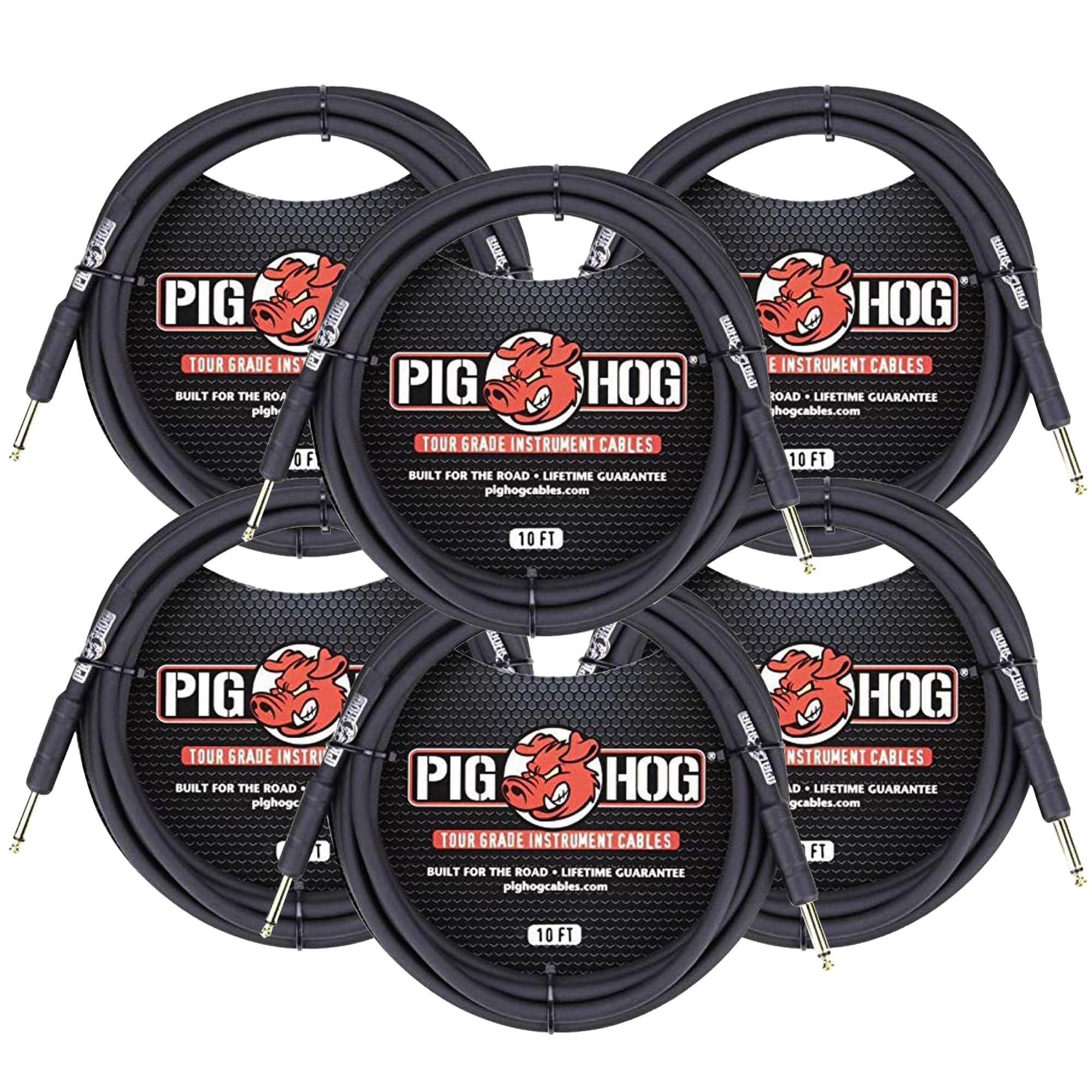 6x Pig Hog Tour Grade 10ft Instrument Cable 1/4" - 1/4" Straight Connectors PH10 - Black