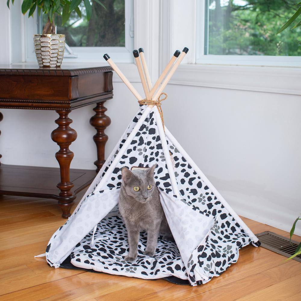 Alt View 1. Armarkat - Cat Bed Teepee Style White W/Black Paw Print - White.