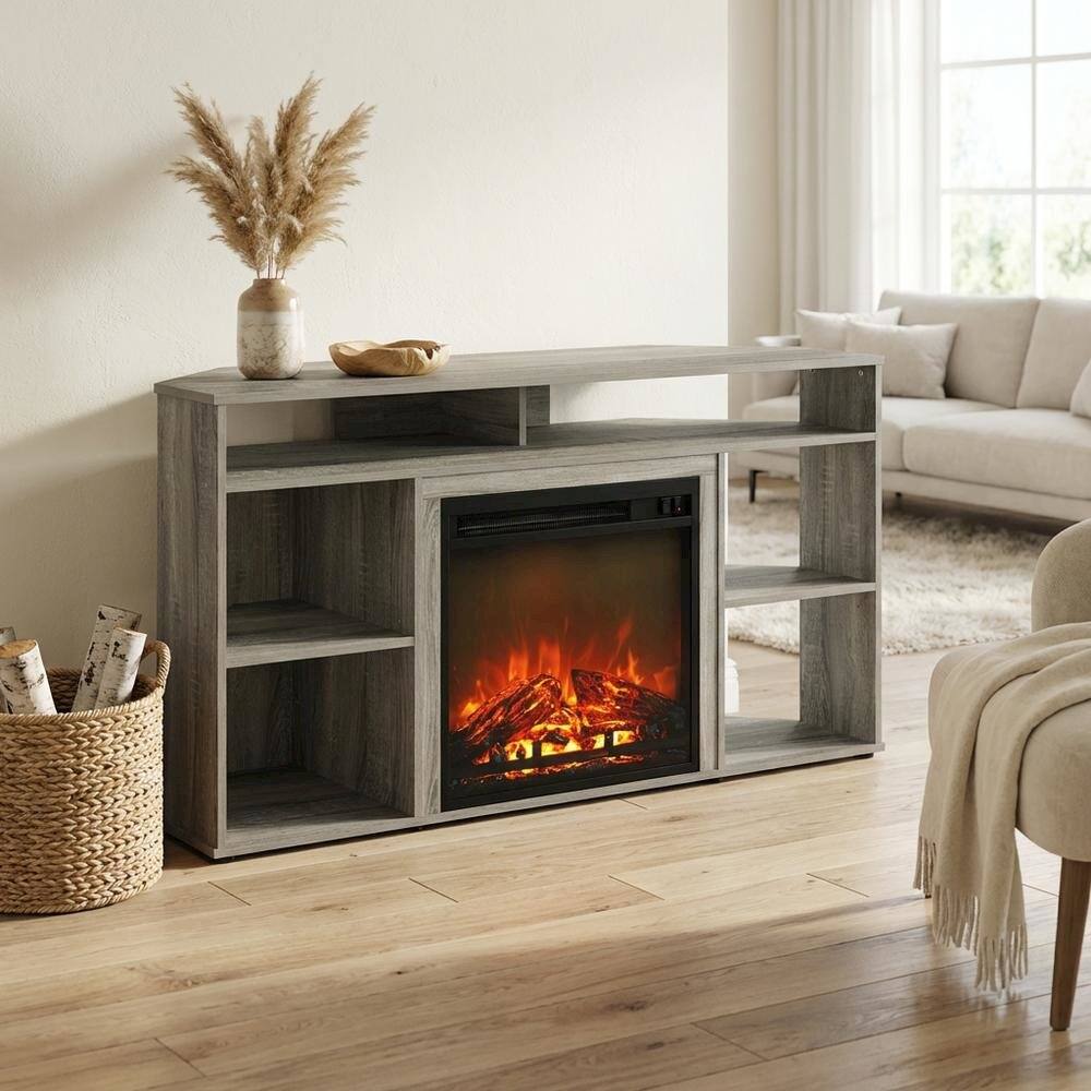 Alt View 2. FurniFact - French Oak Grey TV Stand with Fireplace for Up to 55-Inch Screens - Gray.