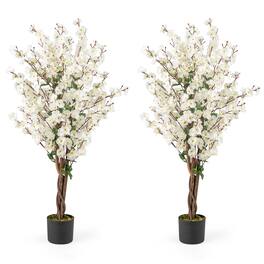 Gymax - 2PCS 47'' Artificial Winter Sweet Tree Faux Plum Blossom Plant w/ White Fabric Flower - White, Brown