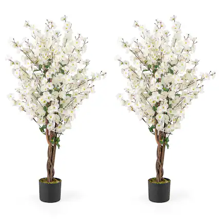 Front. Costway - Costway 2PCS 47" Artificial Wintersweet Tree, Faux Plum Blossom Plant with White Fabric Flower, Solid Wood Trunk - White, Brown.