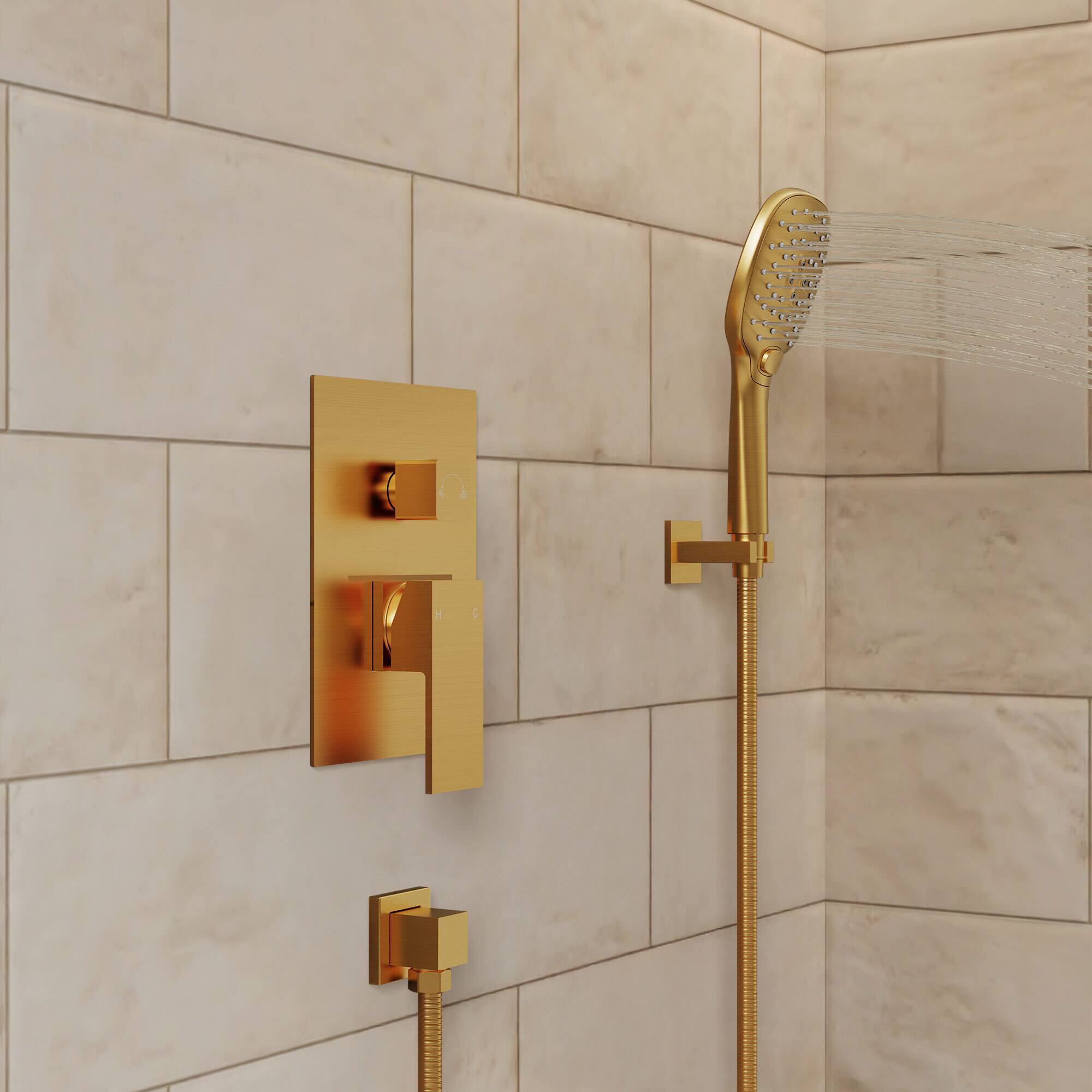 Back. GRANDJOY - Thermostatic Shower Faucet Set with 10" Rain Shower Head and Handheld Sprayer for Wall Mounted Installation - Brushed Gold.