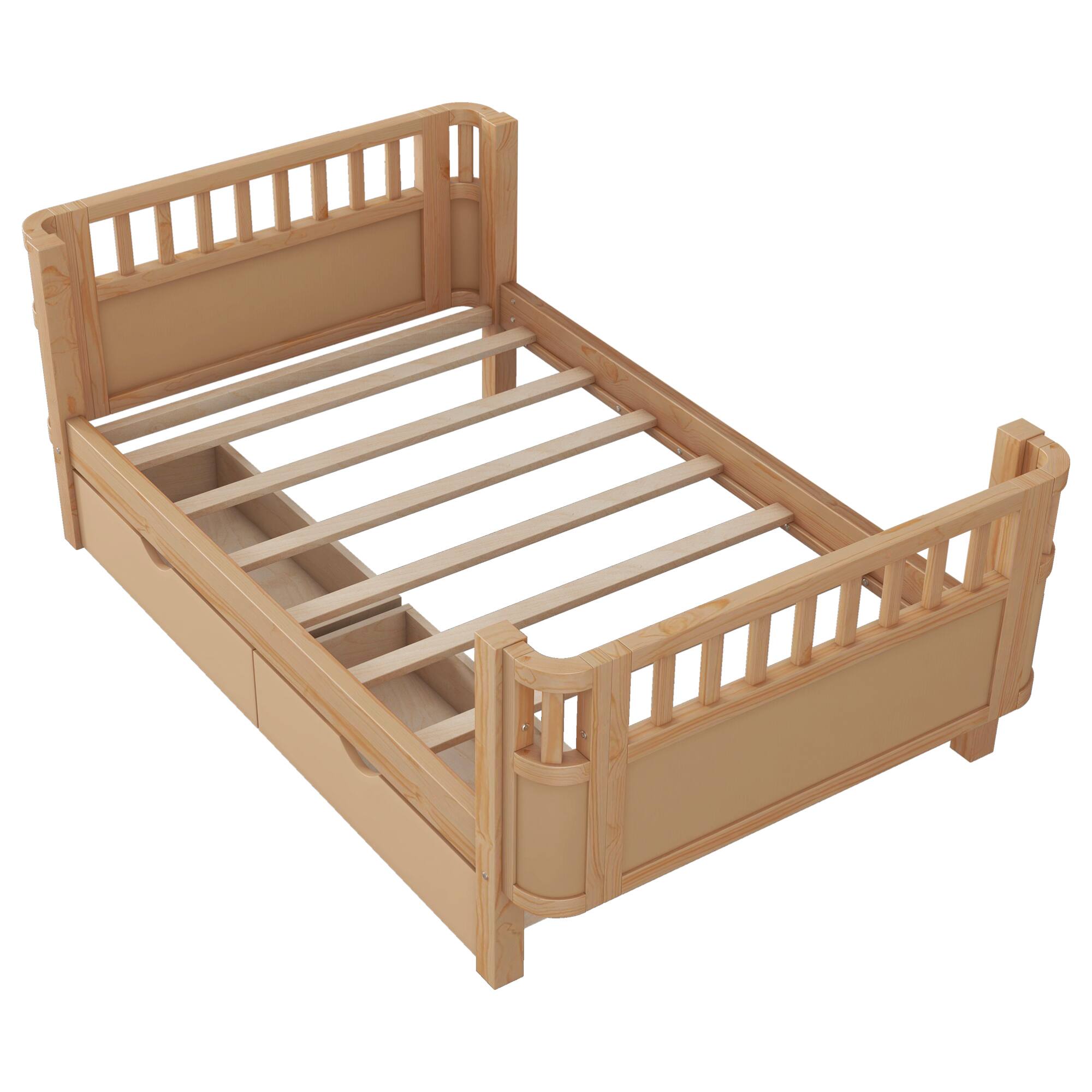 Alt View 6. GOODSILO - Twin Size Wood Platform Bed with Safety Rails for Kids, Low Profile Design with Storage Drawers and Modern Style - Natural.