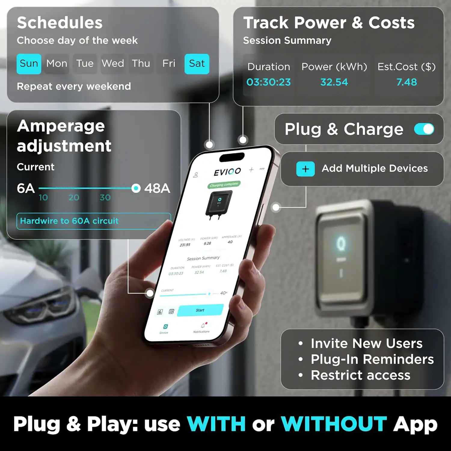 Schedules  
Choose day of the week  
Sun Mon Tue Wed Thu Fri Sat  
Repeat every weekend  

Amperage adjustment  
Current  
6A 10 20 30 48A  
Hardwire to 60A circuit  

Track Power & Costs  
Session Summary  
Duration Power (kWh) Est. Cost ($)  
03:30:23 32.54 7.48  

Plug & Charge  
Add Multiple Devices  

Session Summary  
Duration Power (kWh) Est. Cost ($)  
03:30:28 32.34 2.48  
Current 40A  

Invite New Users  
Plug-In Reminders  
Restrict access  

Plug & Play: use WITH or WITHOUT App
