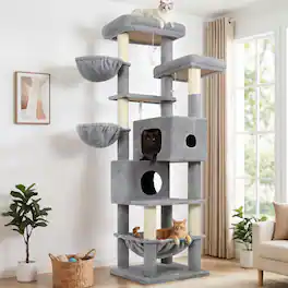 Globlazer - 73 inch Cat Tree for Indoor Cats Large Adult, Multi-Level Tower with 2 Condos & Hammocks for 3-4 Medium Large Cats - Light Gray