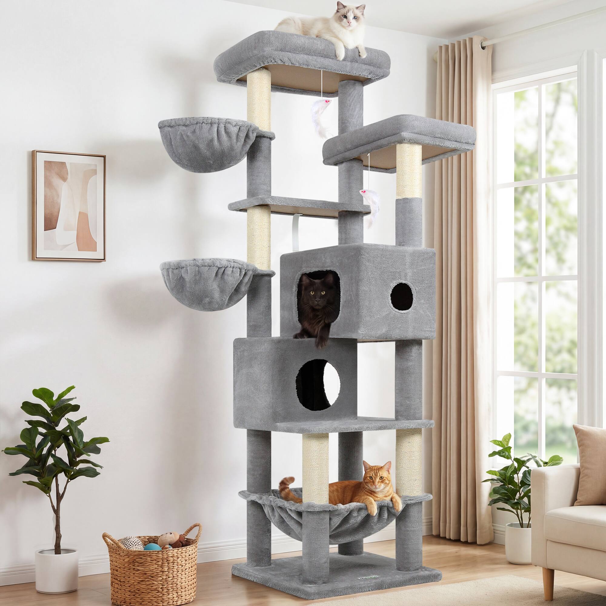 Front. Globlazer - 73 inch Cat Tree for Indoor Cats Large Adult, Multi-Level Tower with 2 Condos & Hammocks for 3-4 Medium Large Cats - Light gray.