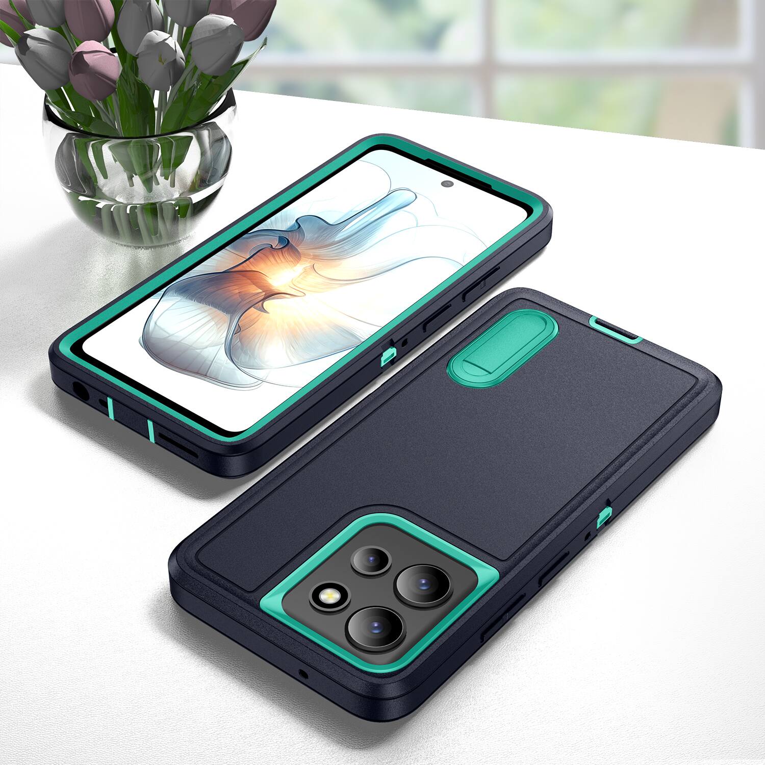 Alt View 3. Dteck - Heavy Duty Case for Motorola G Power 5G (2025) w/ Foldable Kickstand,Dual-Layer Shockproof Hard PC Soft Silicone Cover - Darkblue/Mint.