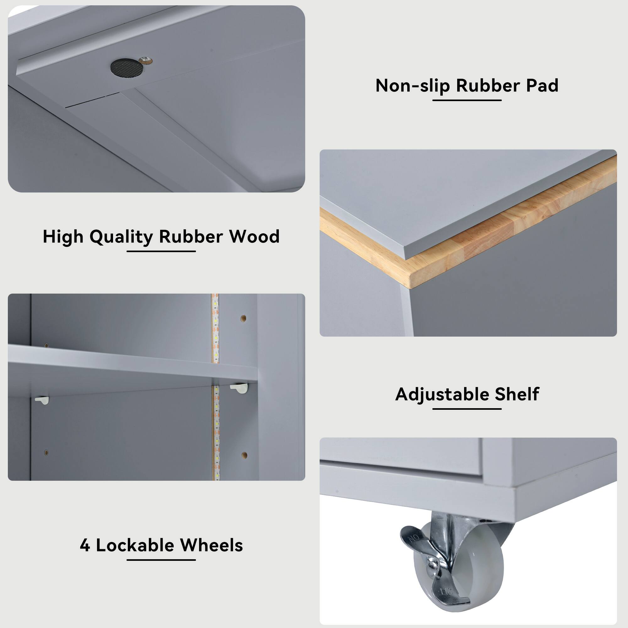 - High Quality Rubber Wood
- Non-slip Rubber Pad
- 4 Lockable Wheels
- Adjustable Shelf