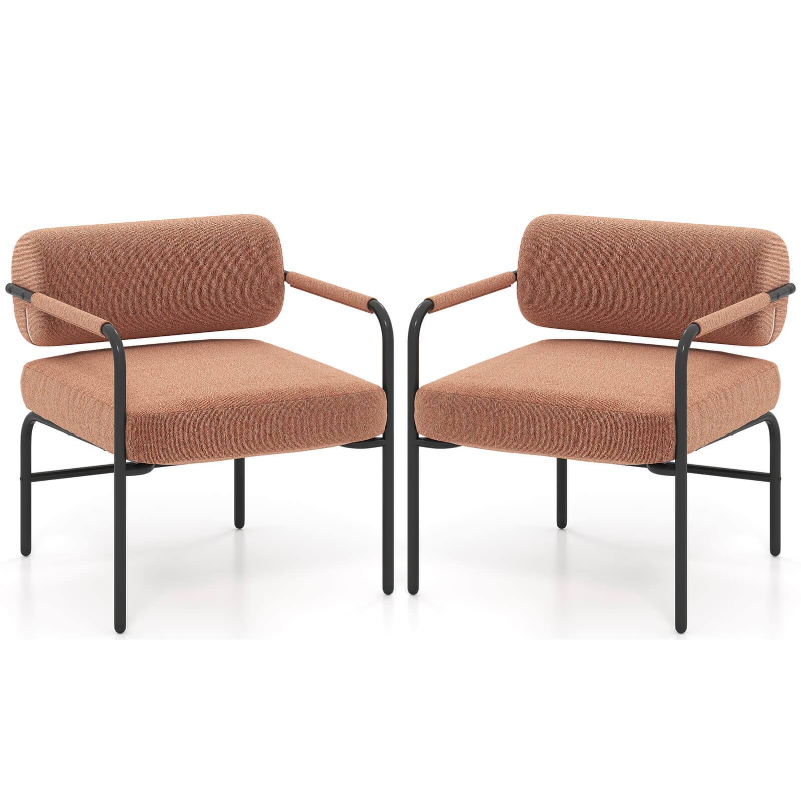 Front. Costway - Costway 2 PCS Velvet Upholstered Accent Chair with Cylindrical Backrest & Metal Armrests - Brown.