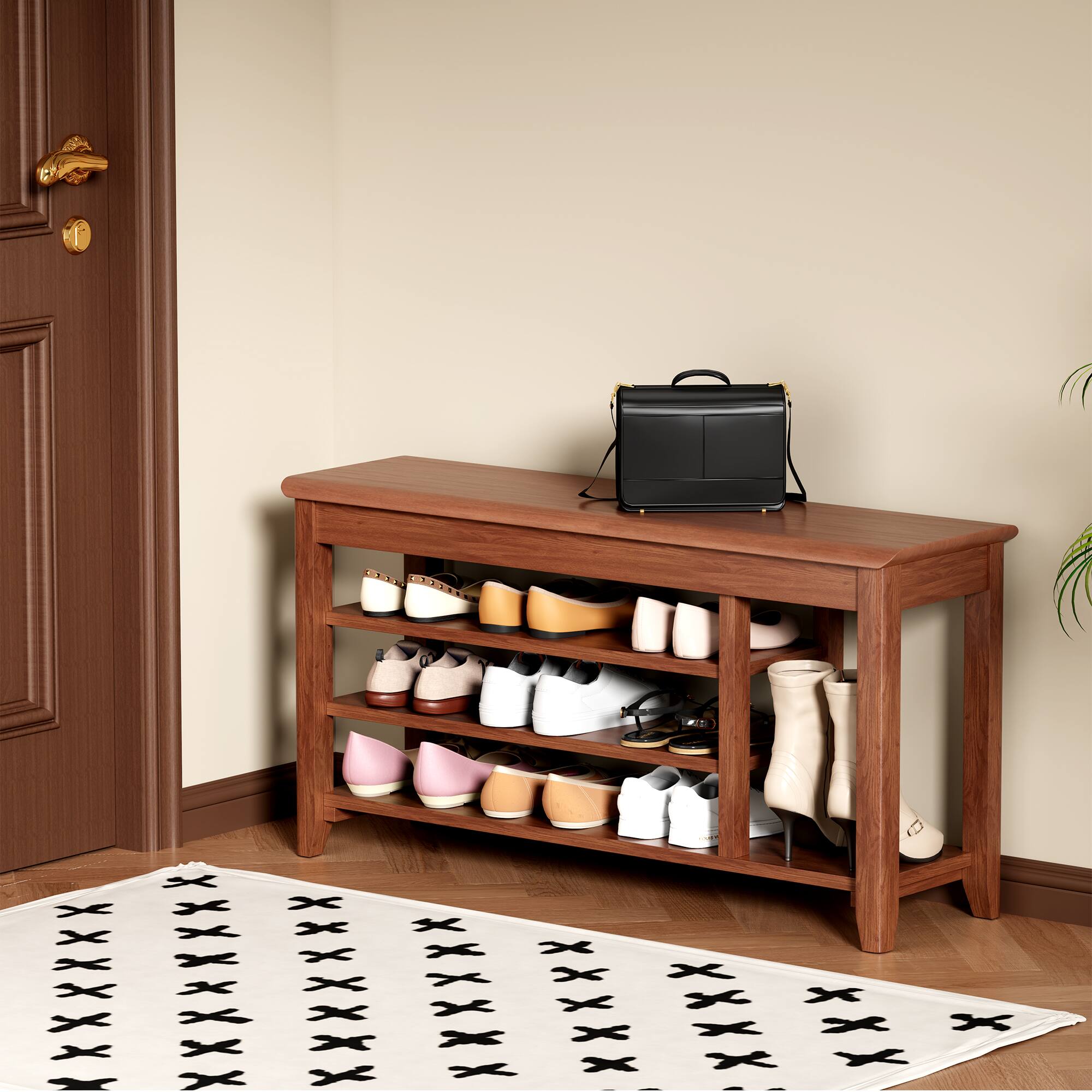 Whisen - Solid Wood Shoe Storage Bench with Flip-Top Compartment, Heavy-Duty Entryway Shoe Rack - Walnut