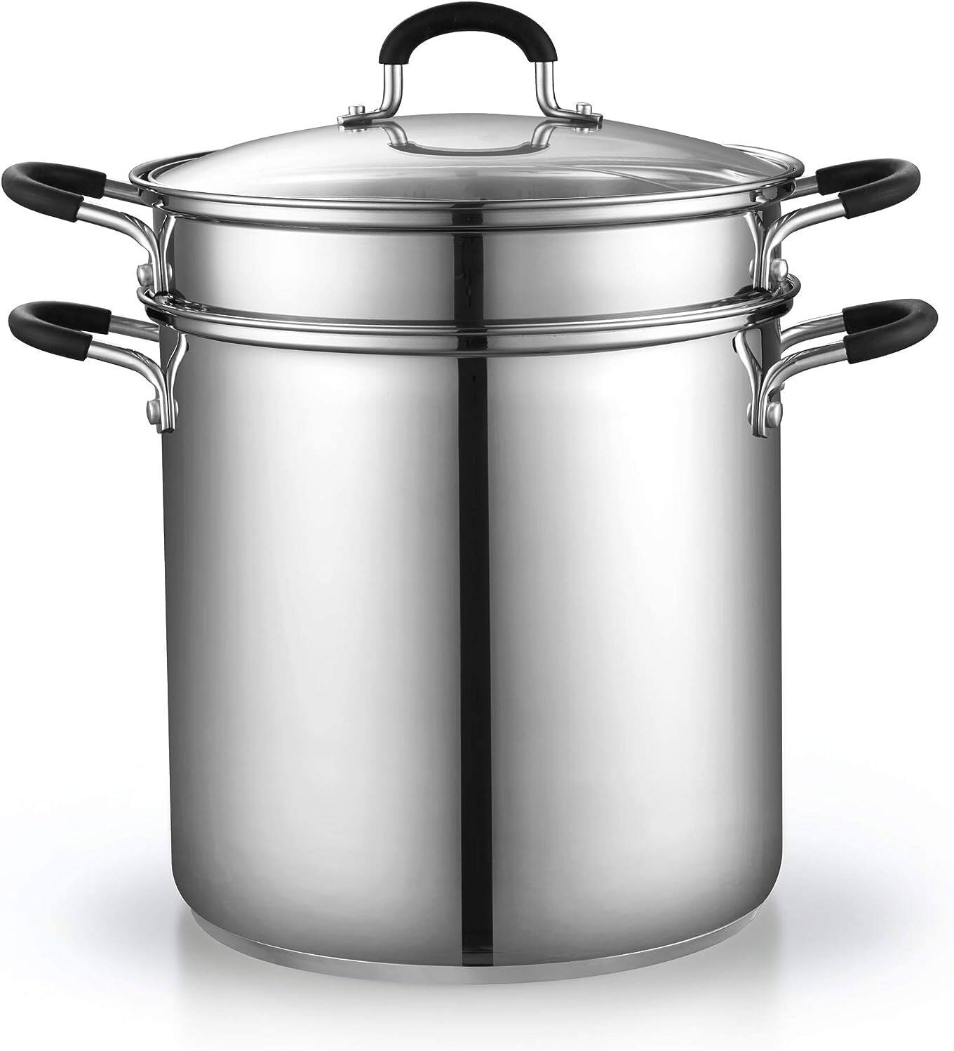 Angle. Cook N Home - Basics 12 QT 18/10 S/S Pasta Steamer Multipots with Strainer,Tempered Glass Lid, Induction,Dishwasher & Oven Safe - Stainless Steel.