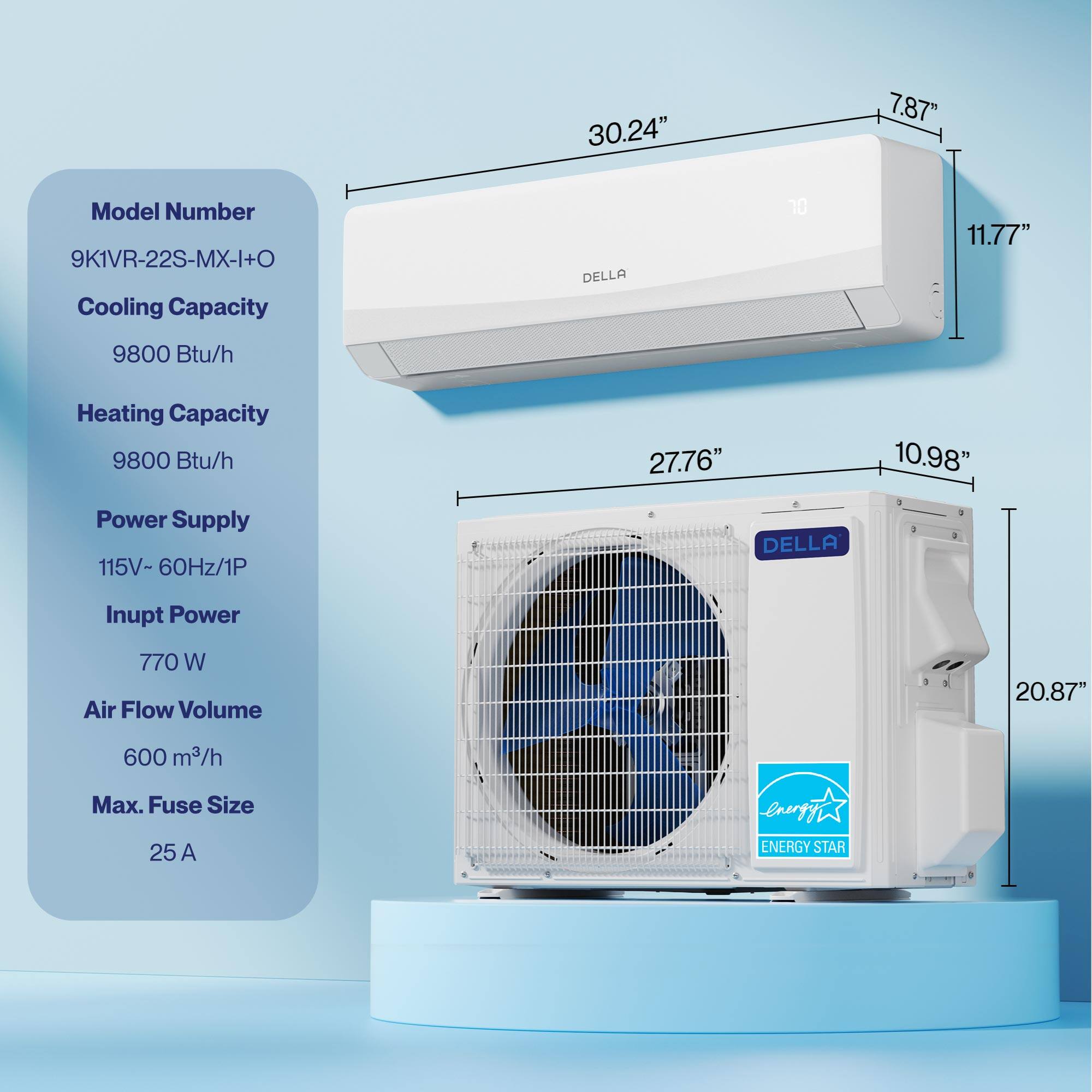 Model Number: 9K1VR-22S-MX-I+O  
Cooling Capacity: 9800 Btu/h  
Heating Capacity: 9800 Btu/h  
Power Supply: 115V-60Hz/1P  
Input Power: 770 W  
Air Flow Volume: 600 m³/h  
Max. Fuse Size: 25 A  

Dimensions:  
- Indoor Unit: 30.24" W x 11.77" H x 7.87" D  
- Outdoor Unit: 27.76" W x 10.98" H x 20.87" D  

ENERGY STAR