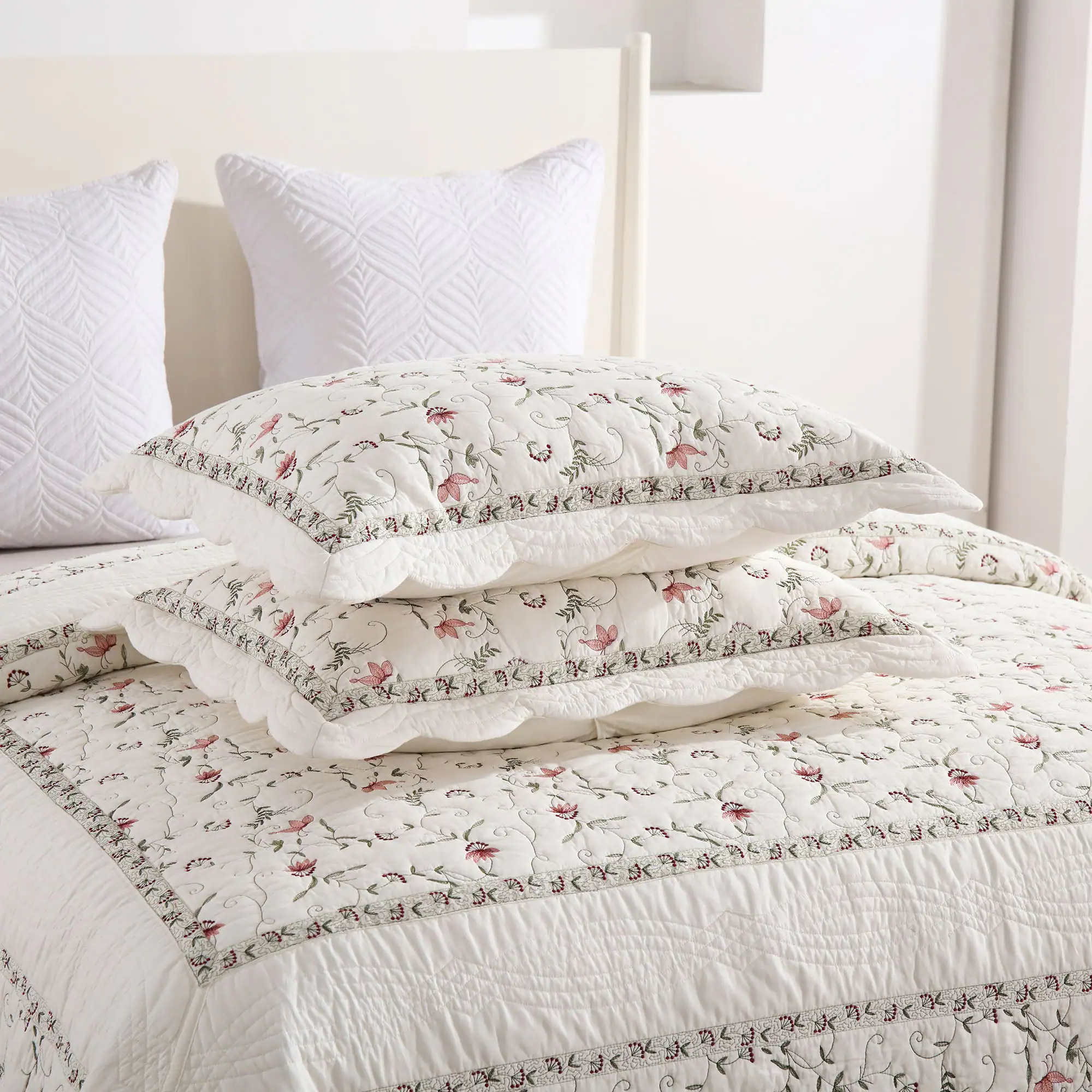 Left. MarCielo - MarCielo 3Pcs 100% Cotton Embroidery Delicate Floral Quilt Bedspread Set - Multi other clrs.