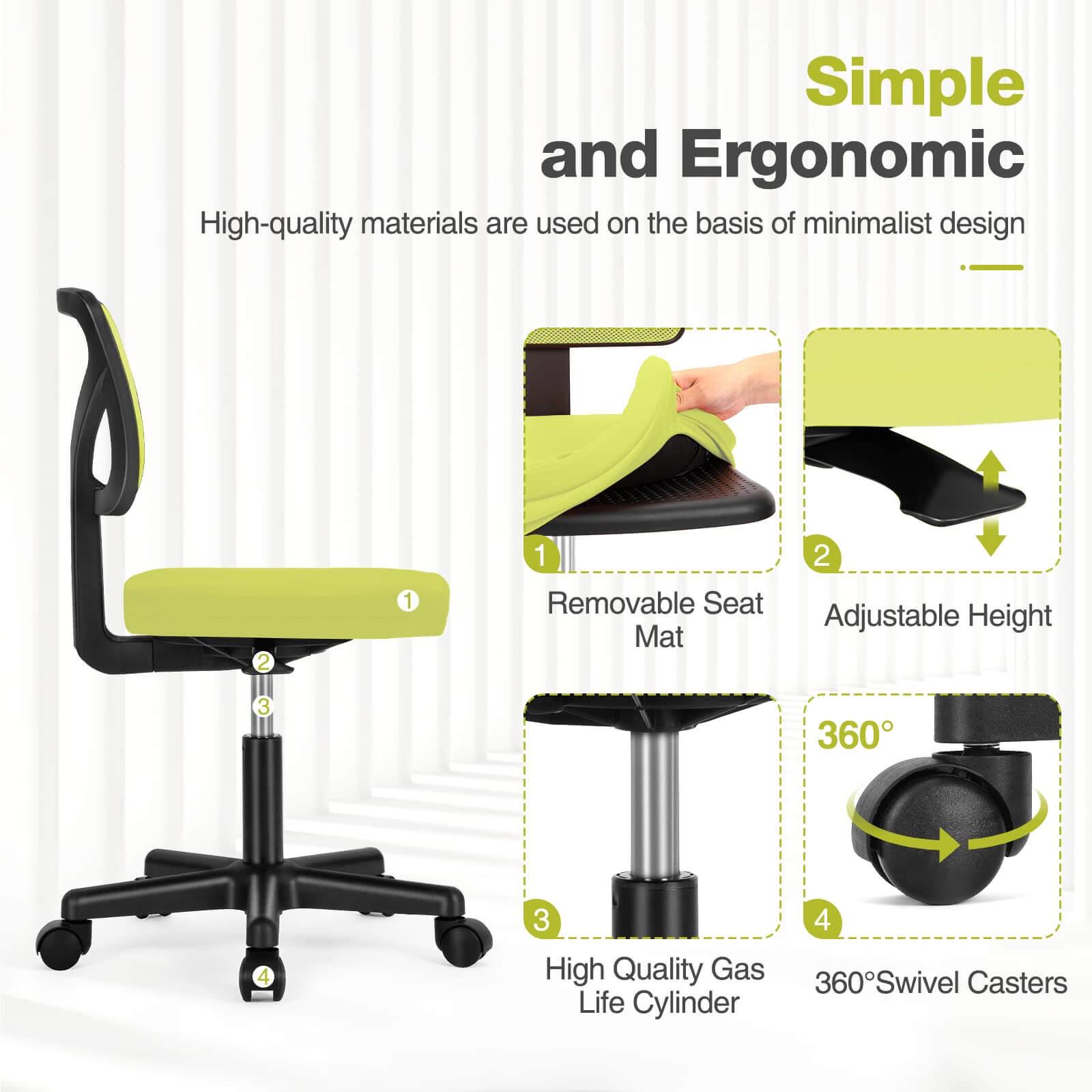 Simple and Ergonomic

High-quality materials are used on the basis of minimalist design

1. Removable Seat Mat
2. Adjustable Height
3. High Quality Gas Life Cylinder
4. 360° Swivel Casters