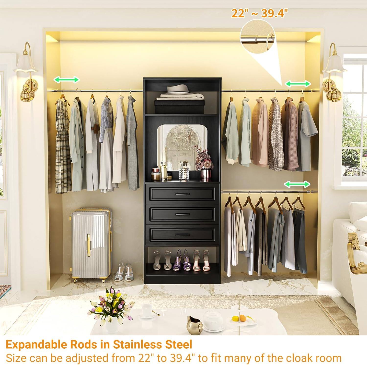 22" ~ 39.4"  
Expandable Rods in Stainless Steel  
Size can be adjusted from 22" to 39.4" to fit many of the cloak room
