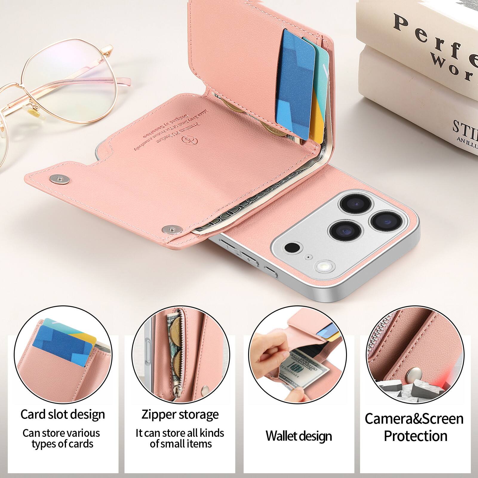 Designed for Every Dend Premium Quality Leather PU Attestively

Perfect World
STI AN ILLU

Card slot design
Can store various types of cards

Zipper storage
It can store all kinds of small items

Wallet design

Camera&Screen Protection