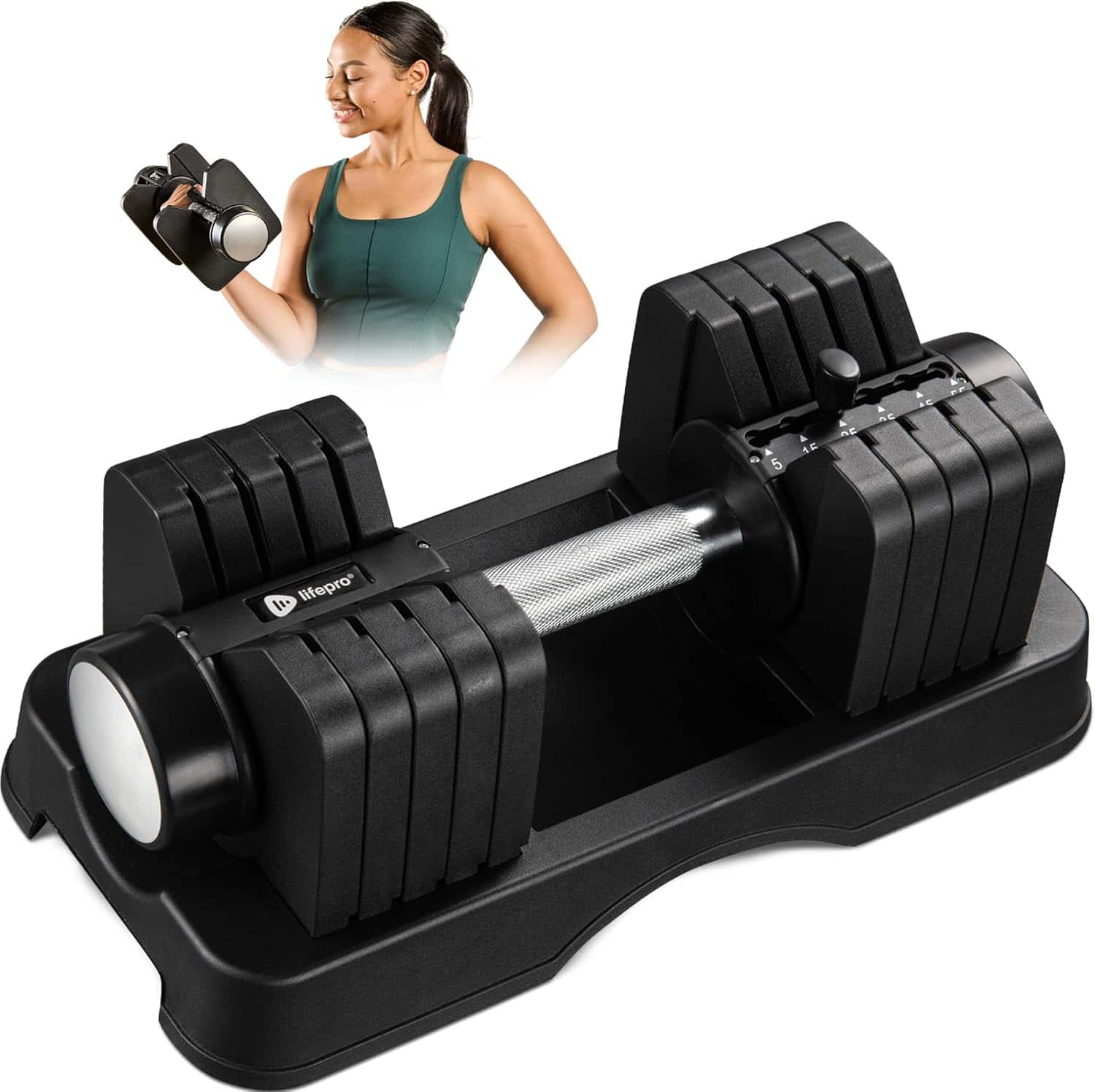 LifePro - PowerFlow X Adjustable Dumbbell - Single 55lb Weight with Quick-Select Slider & Storage Rack - Black