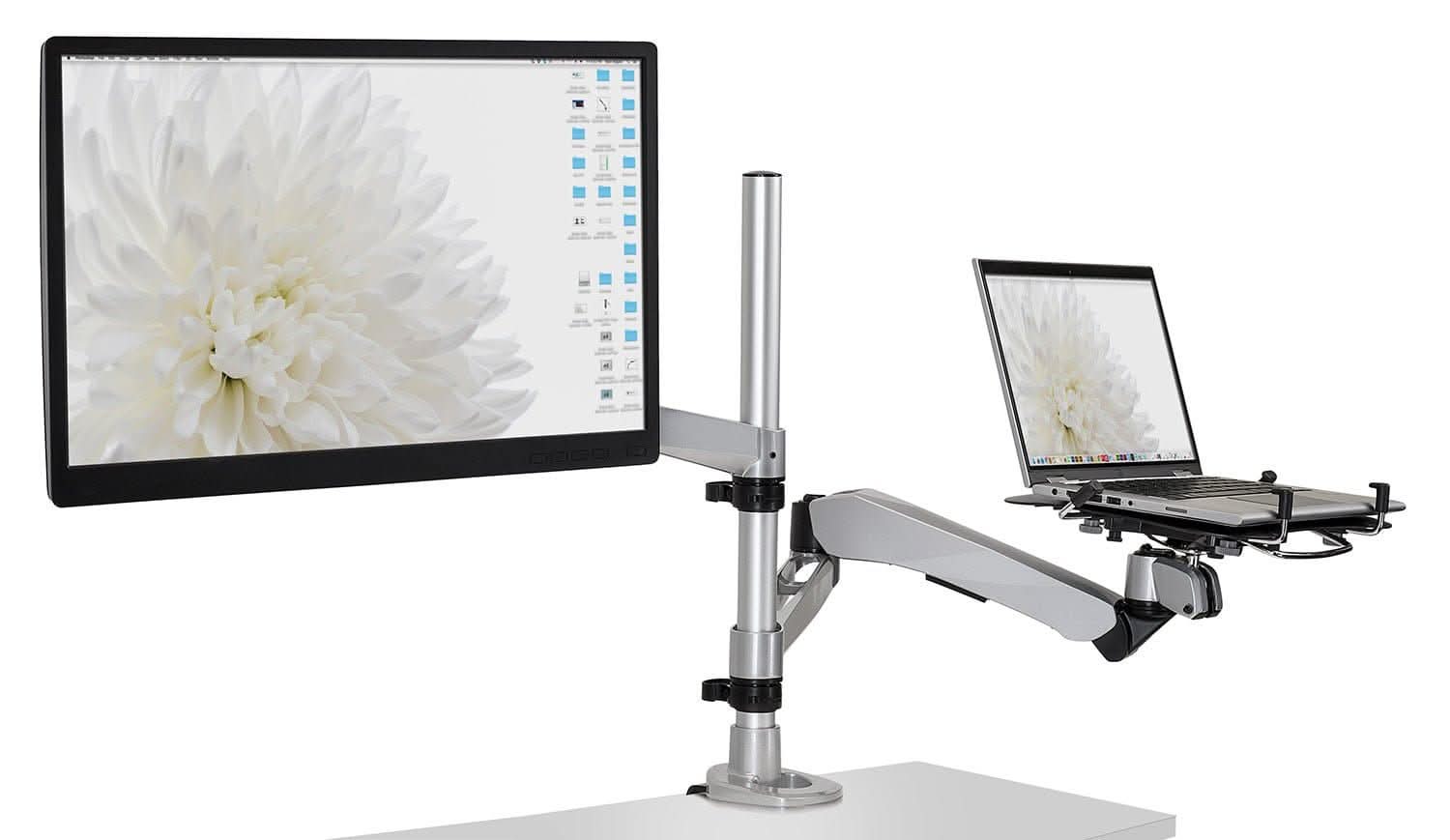 Alt View 1. Mount-It! - Full Motion Laptop & Tablet Desk Mount with Adjustable Articulating Arm for Ergonomic Workspace - Silver.