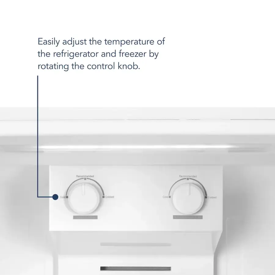 Easily adjust the temperature of the refrigerator and freezer by rotating the control knob. Recommended settings include: Cold, Coldest, and Coldest.