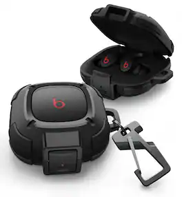 Dexnor - Rugged Bumper Case for Beats Fit Pro (2021) with Secure Lock, Shockproof Clear Cover with Carabiner & Keyring - Black