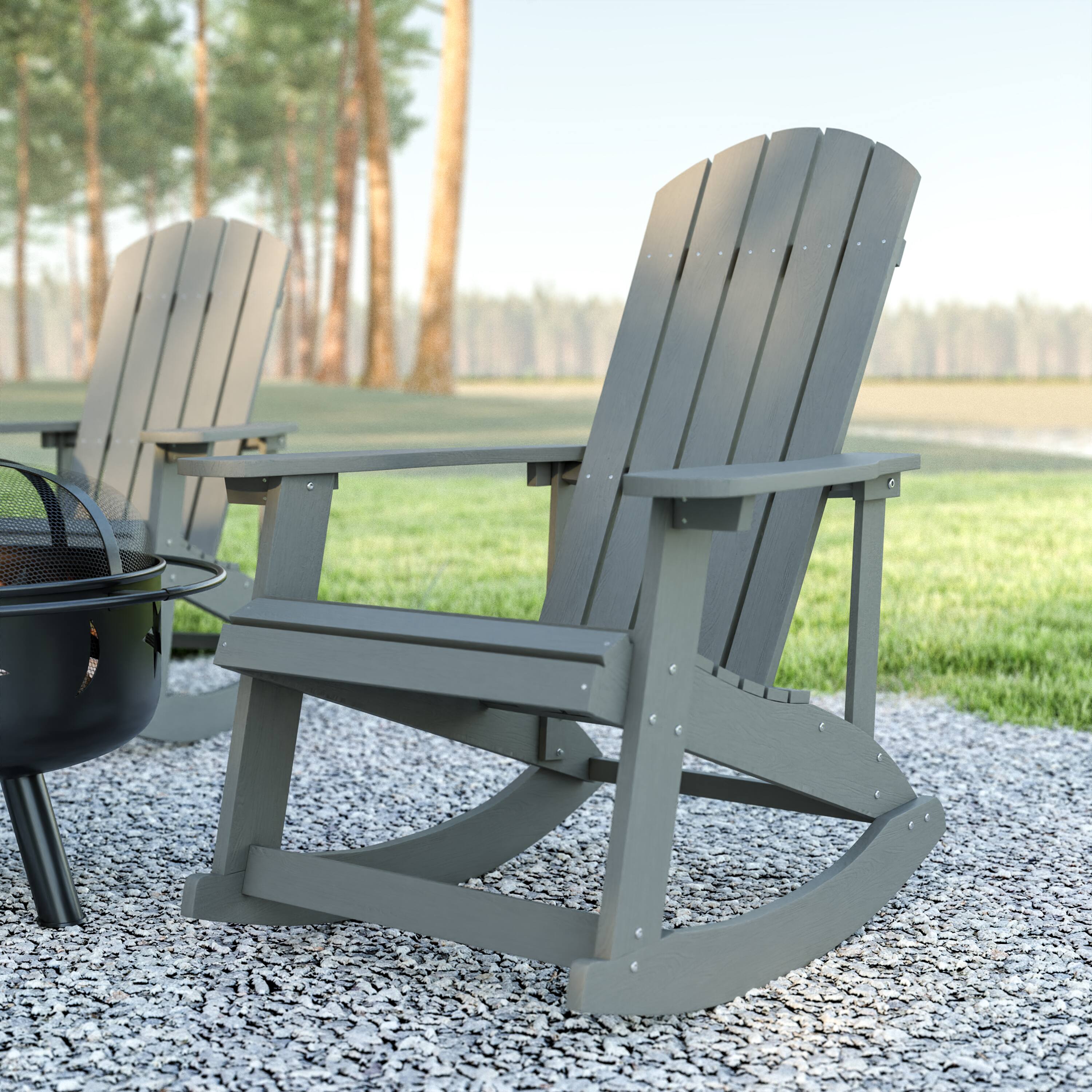 Alt View 2. Emma + Oliver - Set of 2 Marcy Classic All-Weather Poly Resin Rocking Adirondack Chairs with Stainless Steel Hardware for Year Round Use - Gray.