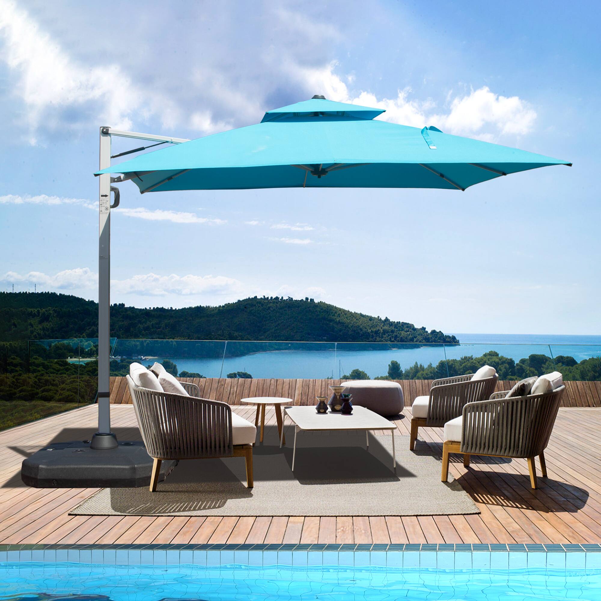 Alt View 8. Ecooso - 10'X10' Square Cantilever Umbrella with Center Pole (Base Not Included) - Lake Blue.