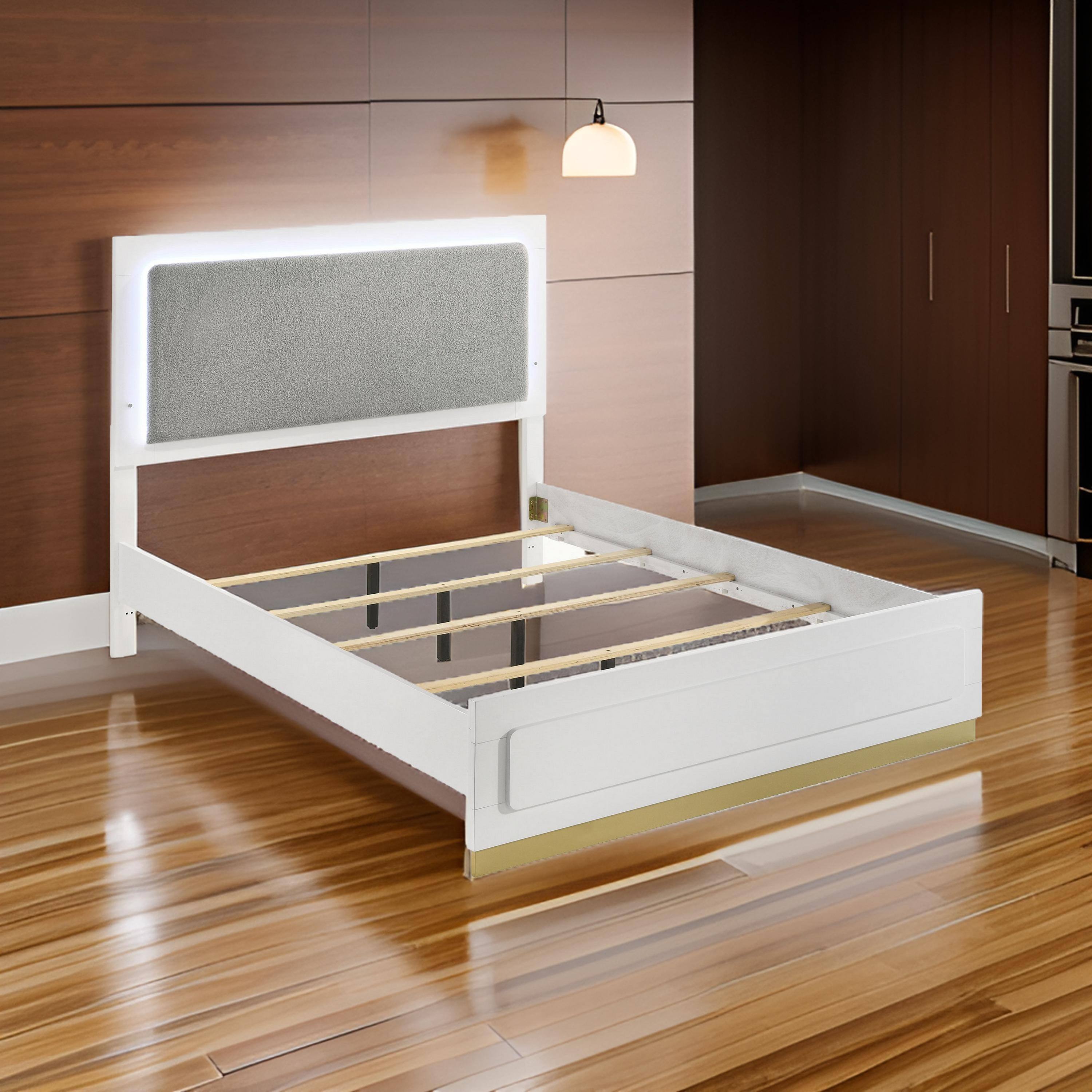 Alt View 5. Manhattan Lane - Caer Queen Size Bed, LED Panel Tall Headboard, Gray Upholstery, White Okume - White, Gray, Gold.