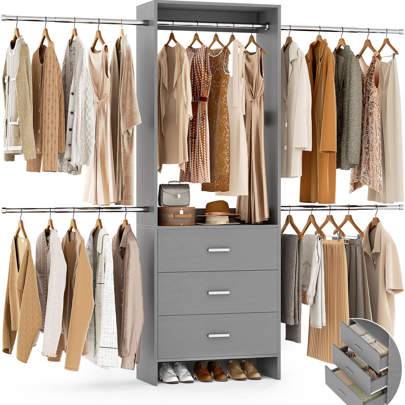 Aheaplus - Closet Organizer System with 3 Wood Drawers & 4 Hanging Rods – Walk-in Wardrobe Storage Rack - Gray