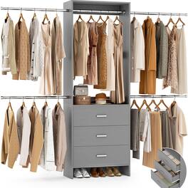 Aheaplus - Closet Organizer System with 3 Wood Drawers & 4 Hanging Rods – Walk-in Wardrobe Storage Rack - Gray