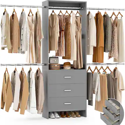 Front. Aheaplus - Closet Organizer System with 3 Wood Drawers & 4 Hanging Rods – Walk-in Wardrobe Storage Rack - Gray.