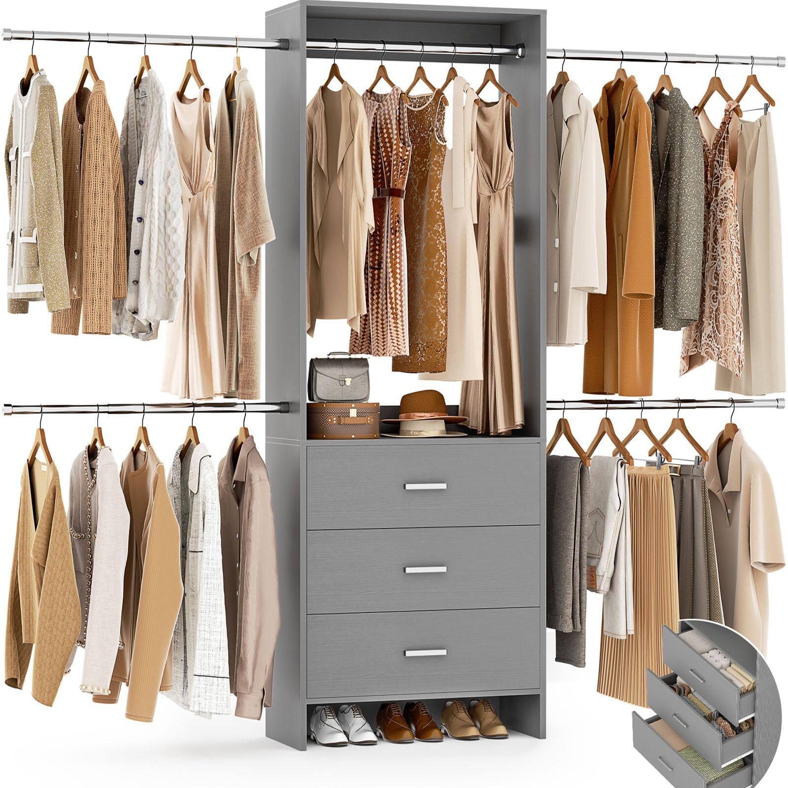 Front. Aheaplus - Closet Organizer System with 3 Wood Drawers & 4 Hanging Rods – Walk-in Wardrobe Storage Rack - Gray.