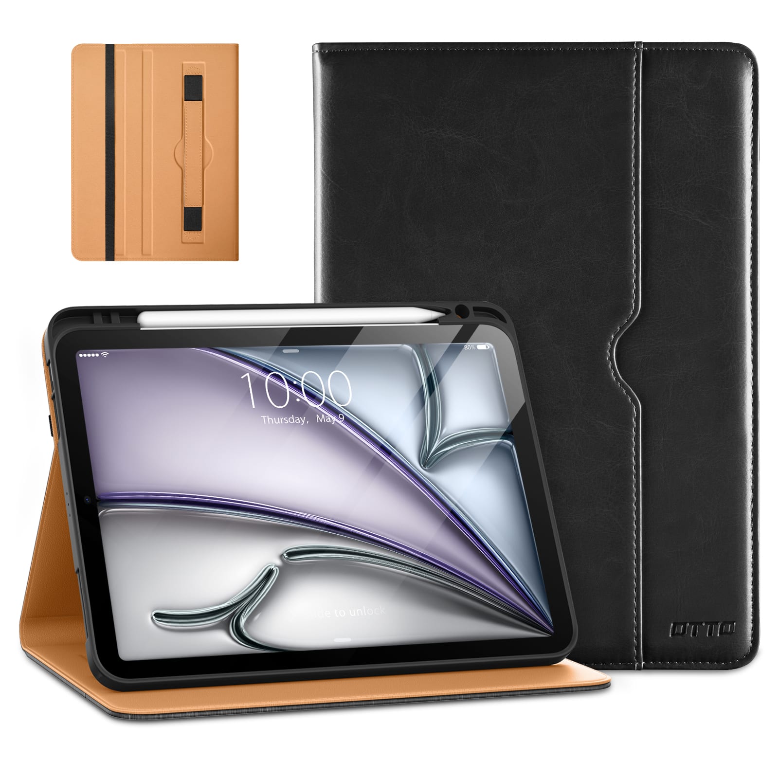 DTTO - Case for iPad Air 11-inch M2/M3 & Air 4th/5th Gen – Premium Leather Folio with Pencil Holder, Auto Sleep/Wake - Black