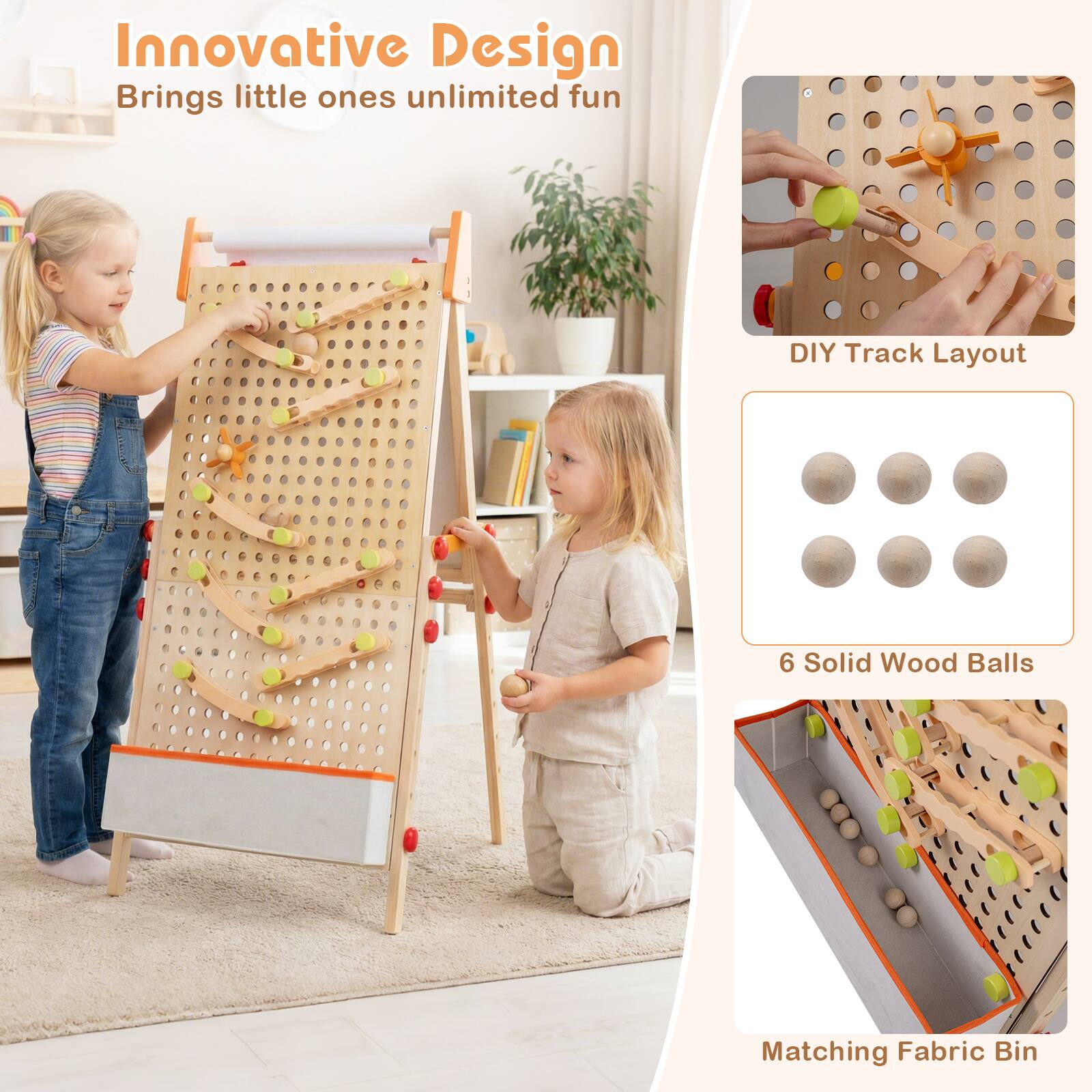 Innovative Design  
Brings little ones unlimited fun

DIY Track Layout

6 Solid Wood Balls

Matching Fabric Bin