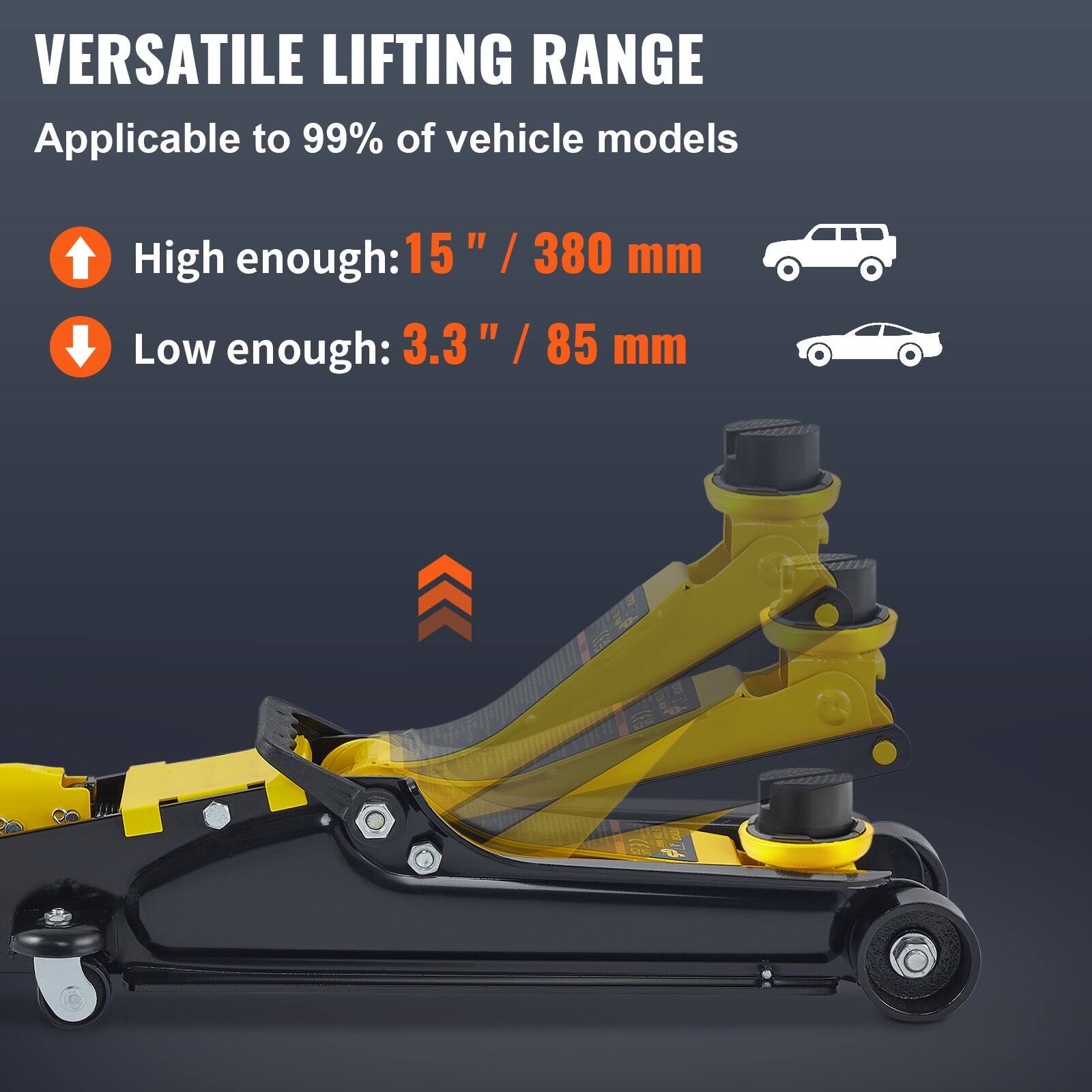 VERSATILE LIFTING RANGE  
Applicable to 99% of vehicle models  

High enough: 15" / 380 mm  
Low enough: 3.3" / 85 mm