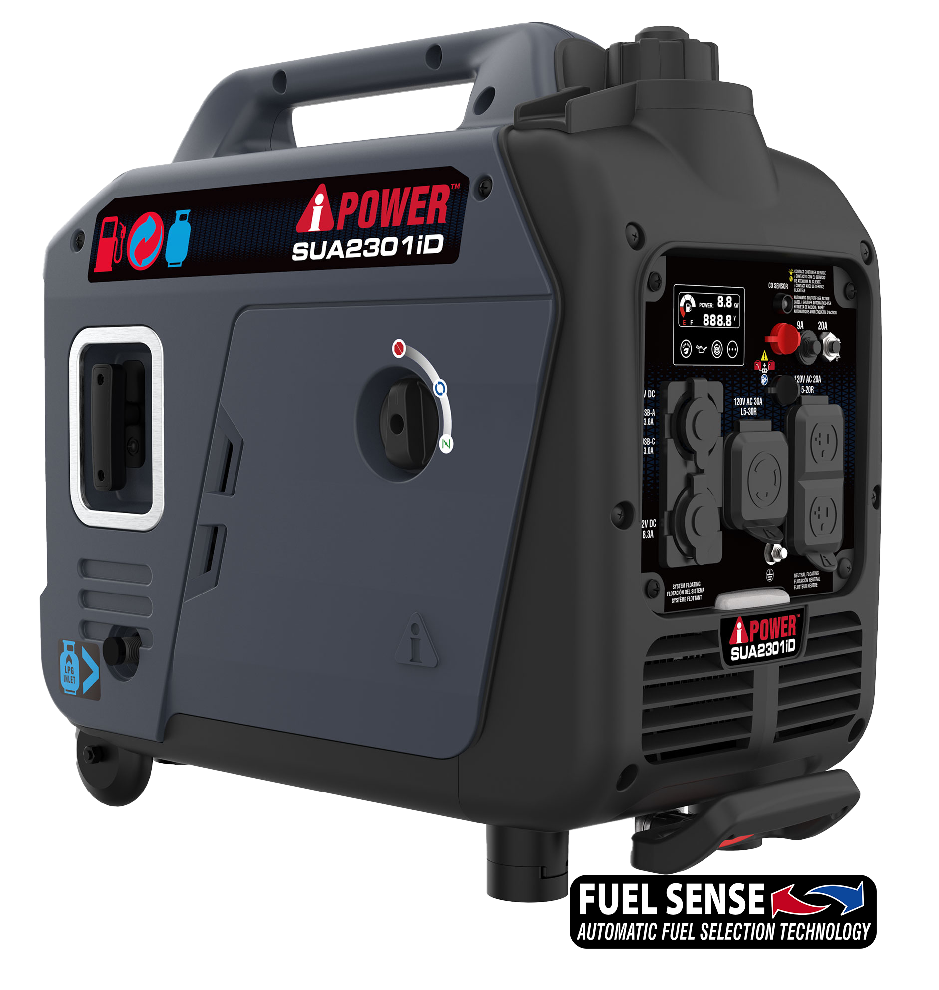 ROI i POWER SUA2301iD  
8.8  
888.8  
B N DC LE IM 18 1a  
2 x ESA F 20 K30 53  
Tu  
1 M1  
POWER SUA2301ID  
FUEL SENSE  
AUTOMATIC FUEL SELECTION TECHNOLOGY