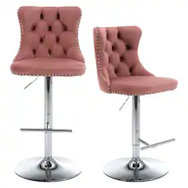HTUTWOO - Adjustable Bar Stools Set of 2, Velvet Swivel Counter Height Chairs with Footrest, Chrome Nailhead for Kitchen, Pub - Pink