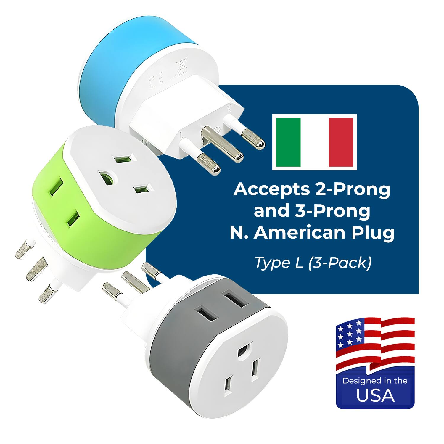 Accepts 2-Prong and 3-Prong N. American Plug Type L (3-Pack)

Designed in the USA