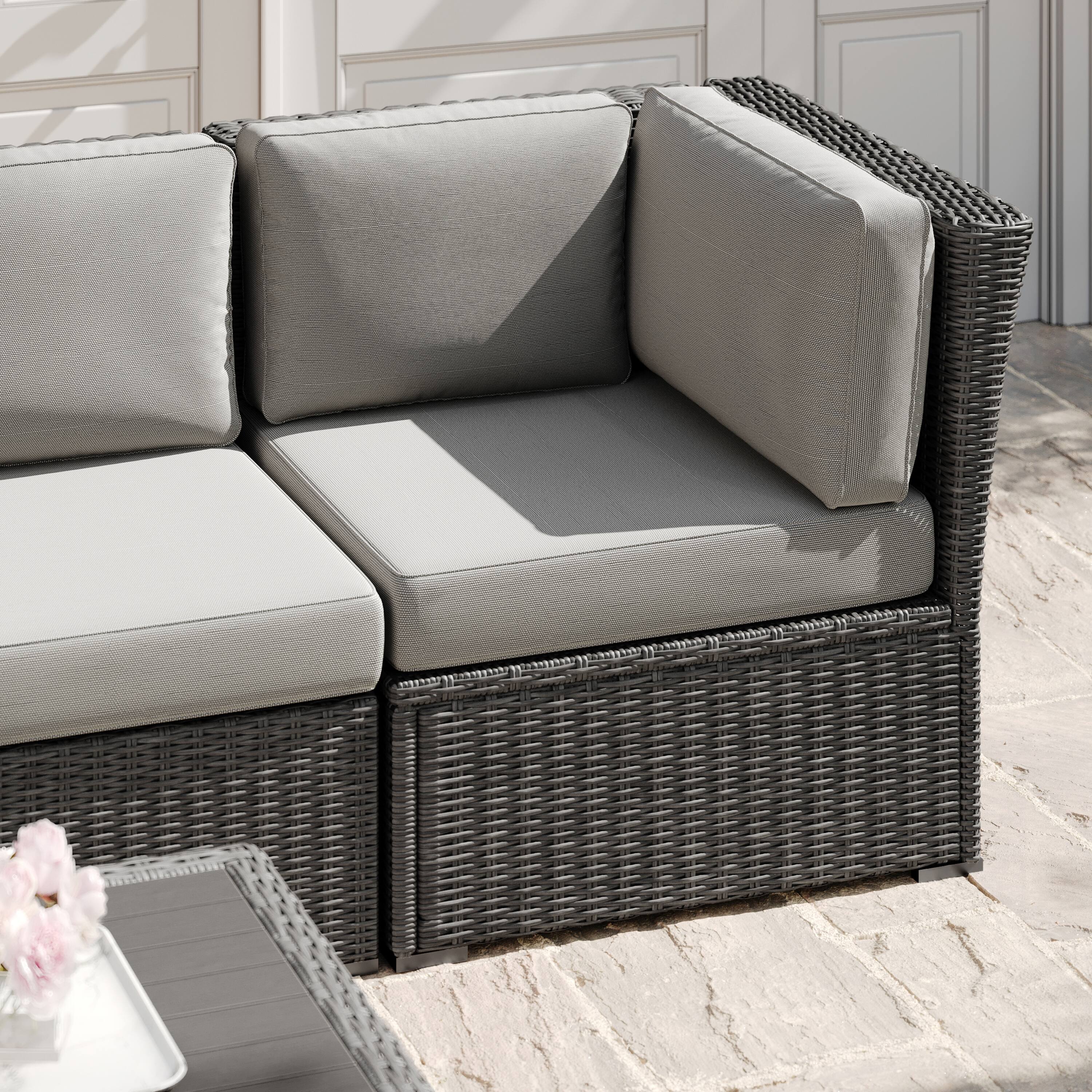 Alt View 4. Martha Stewart - Bedford Outdoor Modular Rattan Wicker Patio Sectional Sofa Corner Seat - Gray Cushions/Gray Frame.