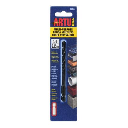 01464 ARTU USA MULTI-PURPOSE BROCA MULTIUSO FORET POLYVALENT 1/4" 6,35mm
Rotary or Percussion
Rotativo o de Percusión
Rotative ou à Percussion
Cobalt & Tungsten Carbide
Punta de Cobalto y Carburo de Tungsteno
Pointe de Cobalt et Carbure de Tungstène
Quick Connect
Connexion Rapide
Conexión Rápida
Connexion Rapide