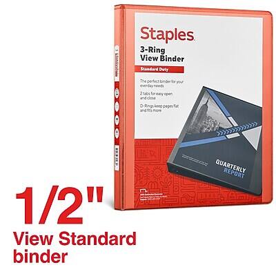 Staples  
3-Ring View Binder  
Standard Duty  

The perfect binder for your everyday needs  
2 tabs for easy open and close  
D-Rings keep pages flat and secure  
1/2" View Standard binder  

QUARTERLY REPORT  

1/2" View Standard binder